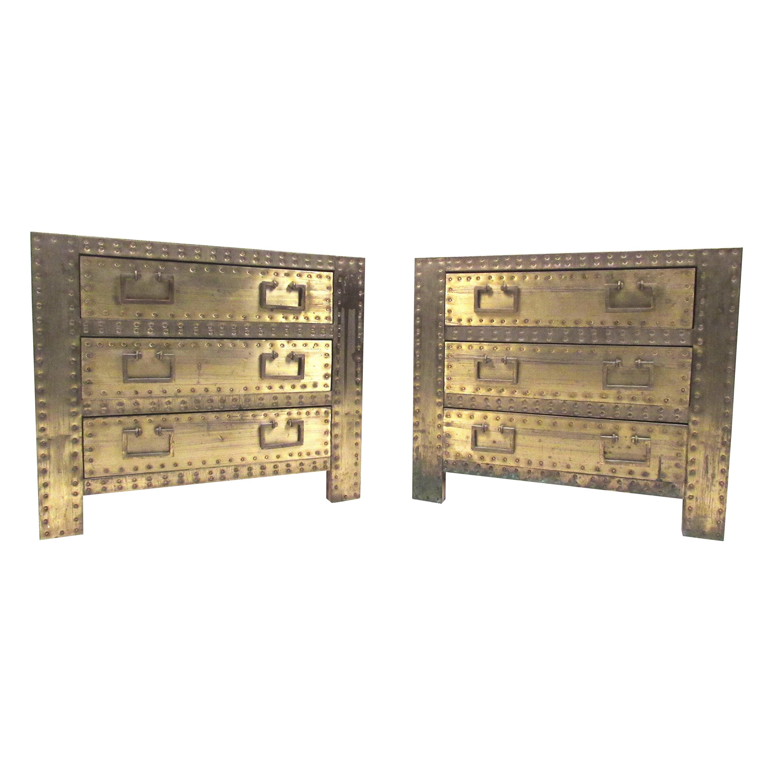 Pair of Brass Clad Three-Drawer Nightstands by Sarreid Ltd. For Sale