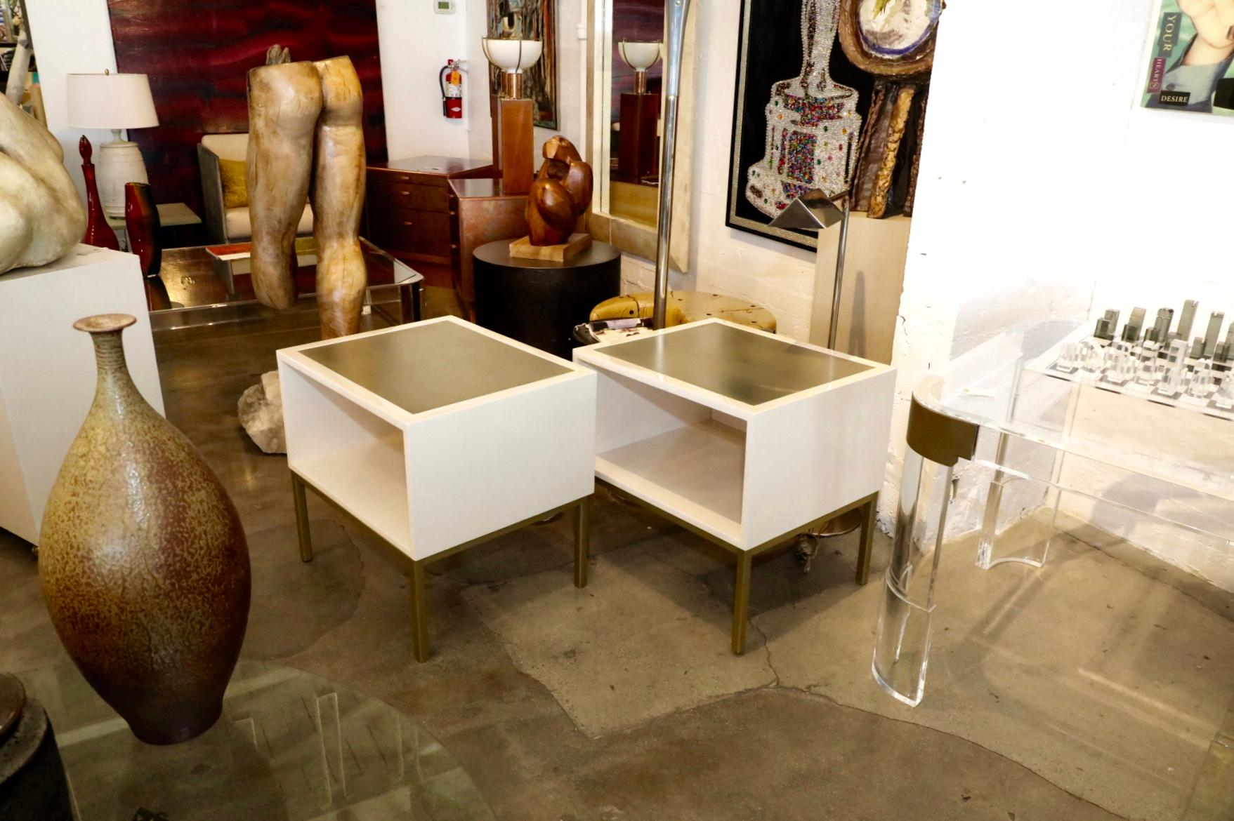 Pair of Brass Coated Metal and Wood End Tables 7
