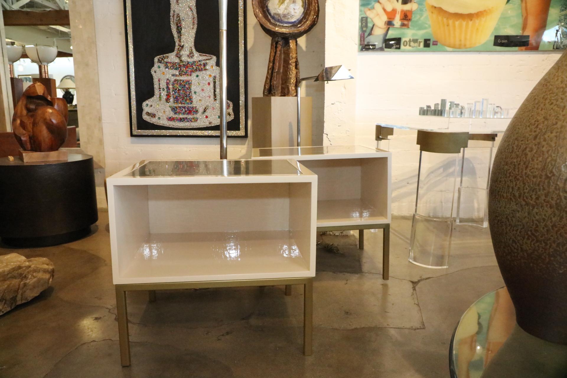 American Pair of Brass Coated Metal and Wood End Tables