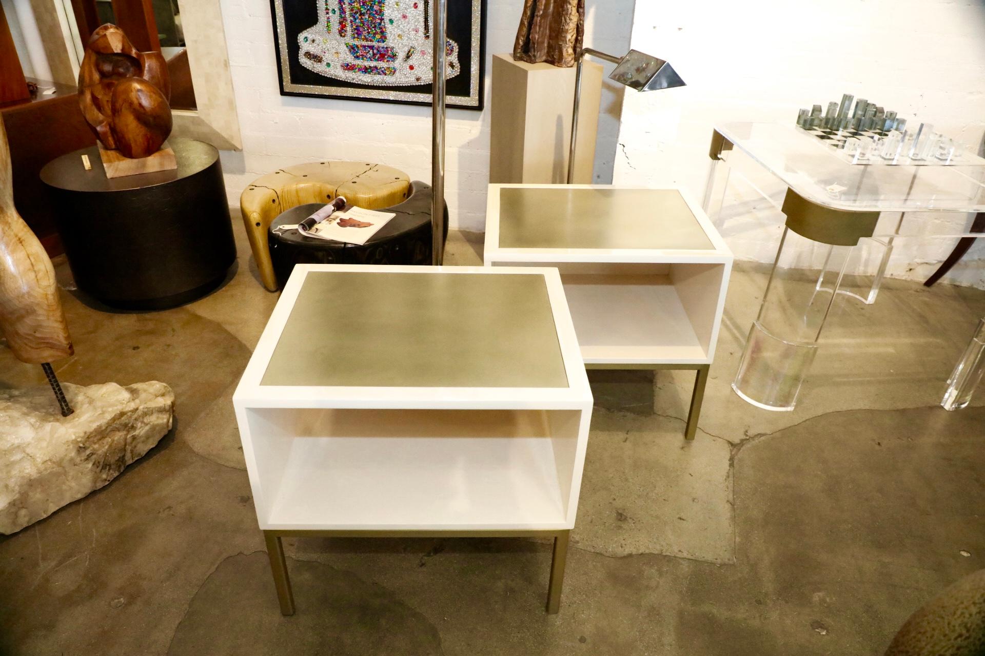 Pair of Brass Coated Metal and Wood End Tables In Good Condition In Palm Springs, CA