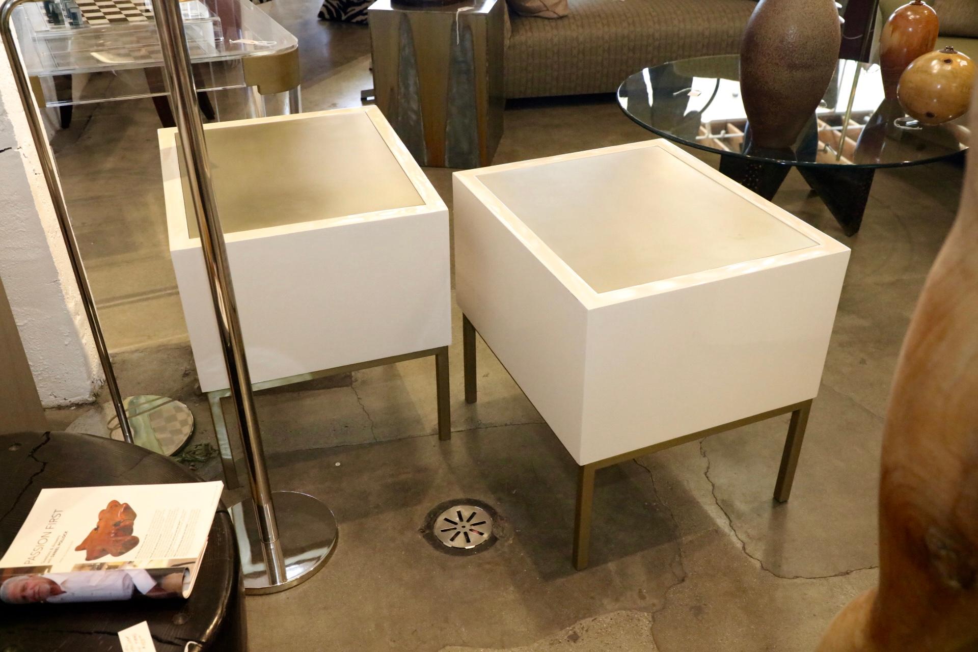 Pair of Brass Coated Metal and Wood End Tables 1