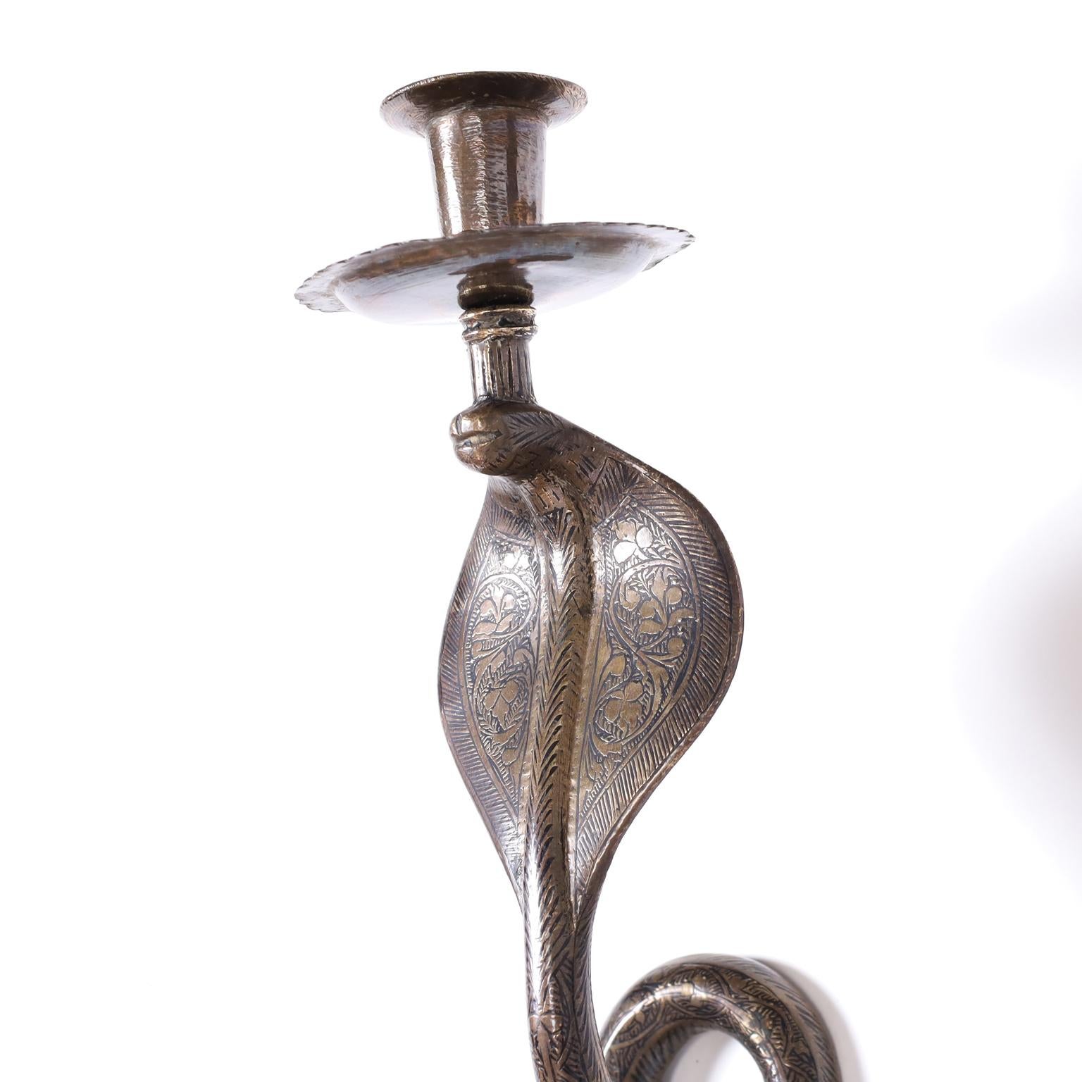 Anglo-Indian Pair of Brass Cobra or Snake Sconces
