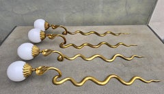 Pair of Brass Cobra Snake Wall Lights with Opaline Glass Shades, 1970s