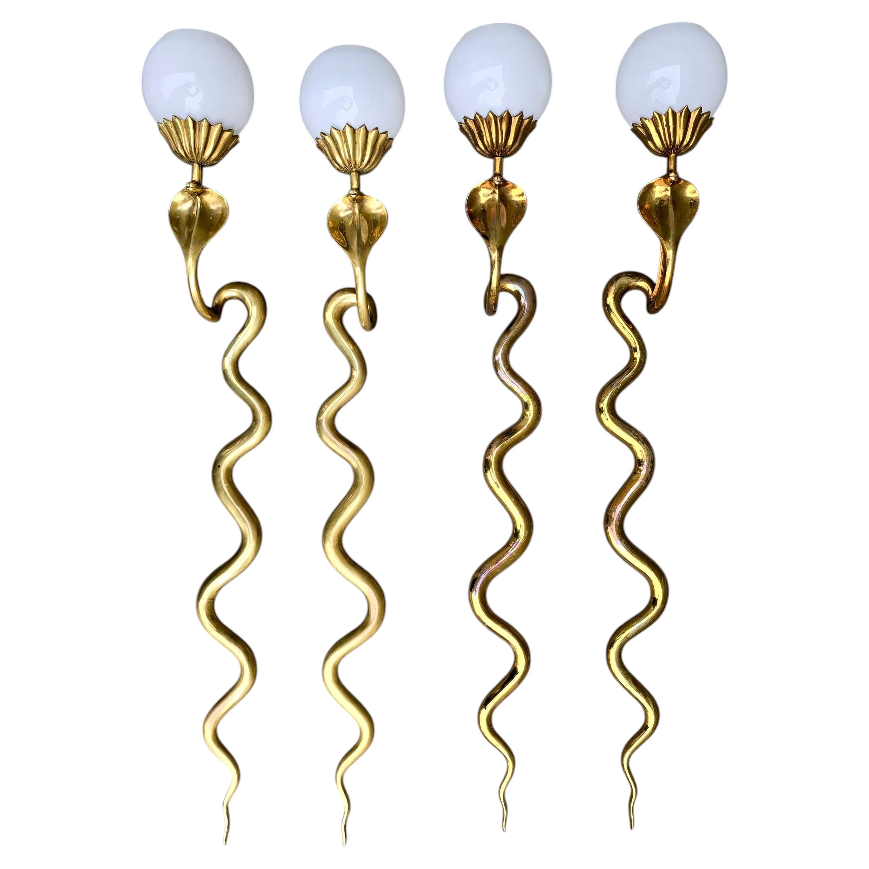 Pair of Brass Cobra Snake Wall Lights with Opaline Glass Shades, 1970s