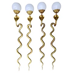 Pair of Brass Cobra Snake Wall Lights with Opaline Glass Shades, 1970s