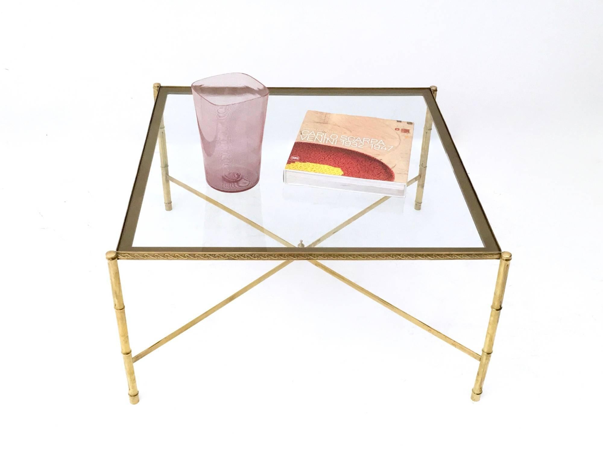 Mid-20th Century Pair of Brass Coffee Tables with a Sandblasted Glass Top, Italy, 1960s
