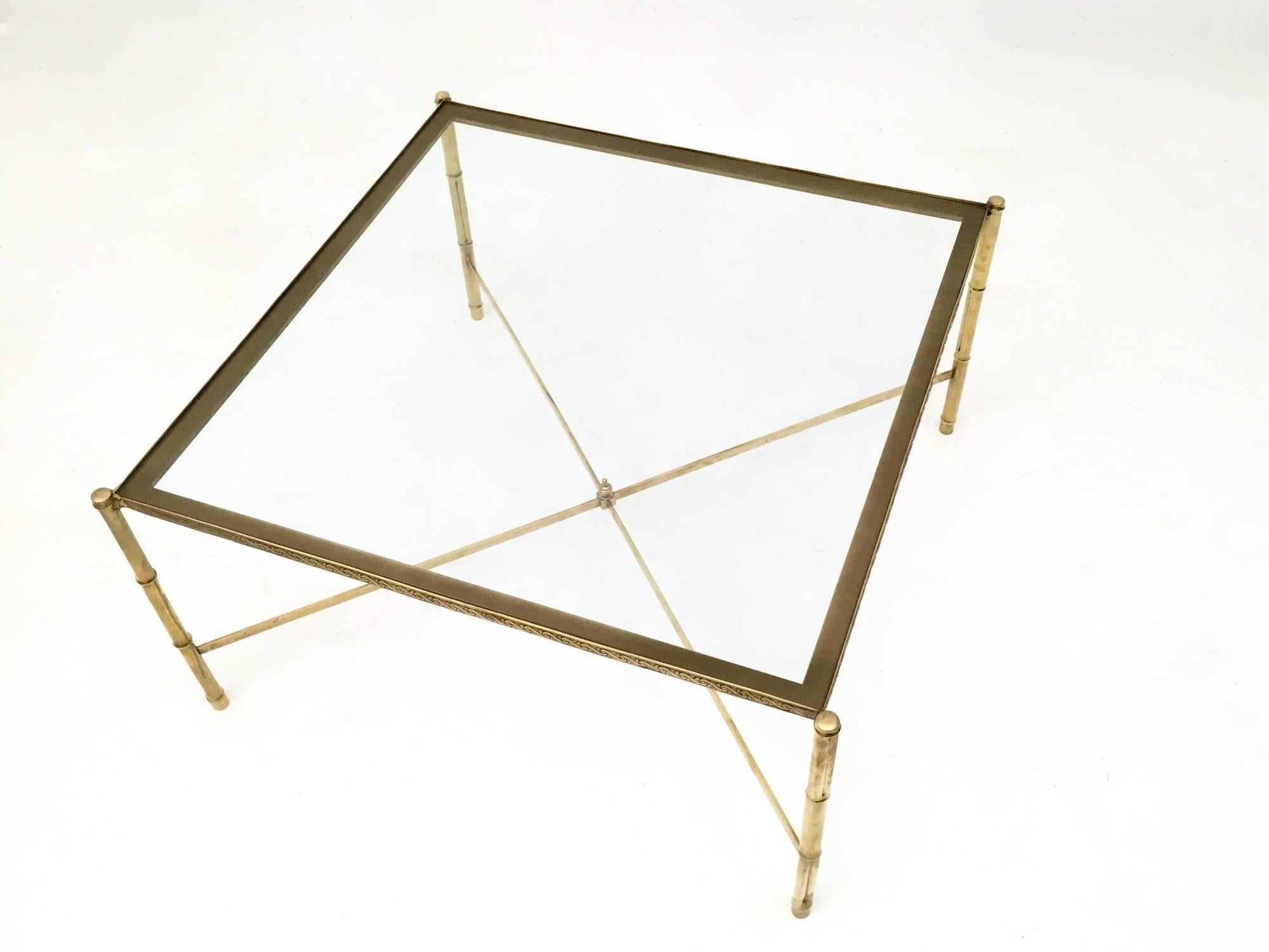 Pair of Brass Coffee Tables with a Sandblasted Glass Top, Italy, 1960s 1