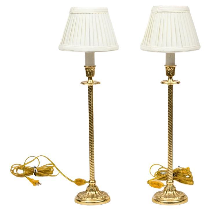 Pair Of Brass Columnar Candlestick Form Buffet Lamps For Sale