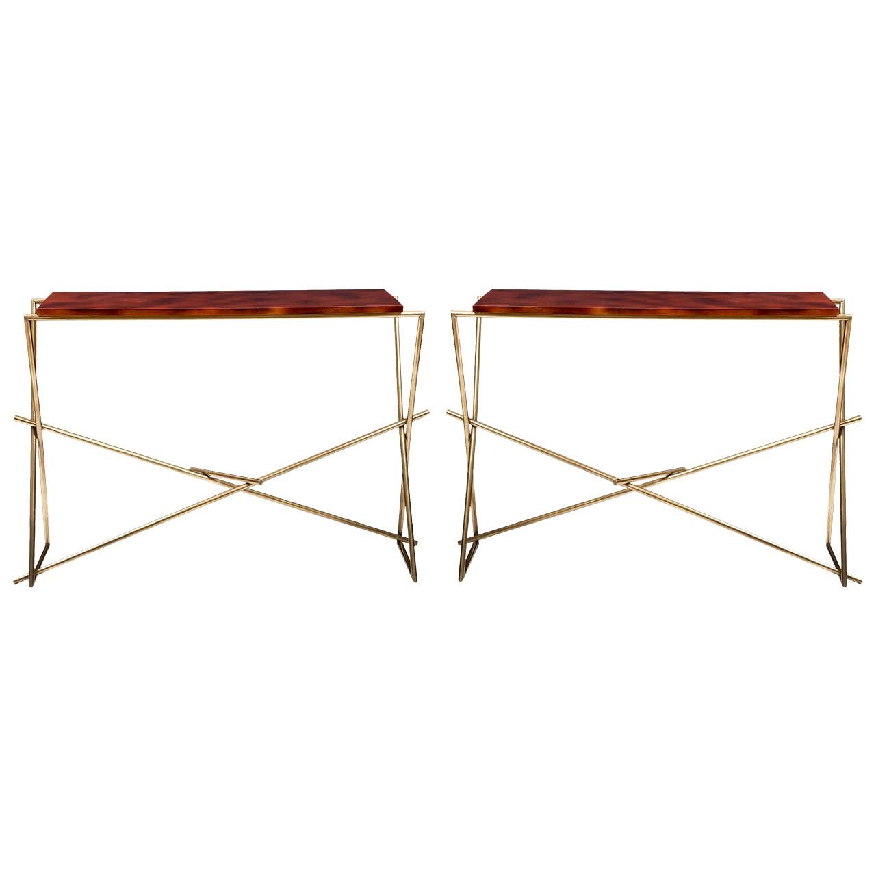 Pair of Brass Console with Lacquered Wood Top