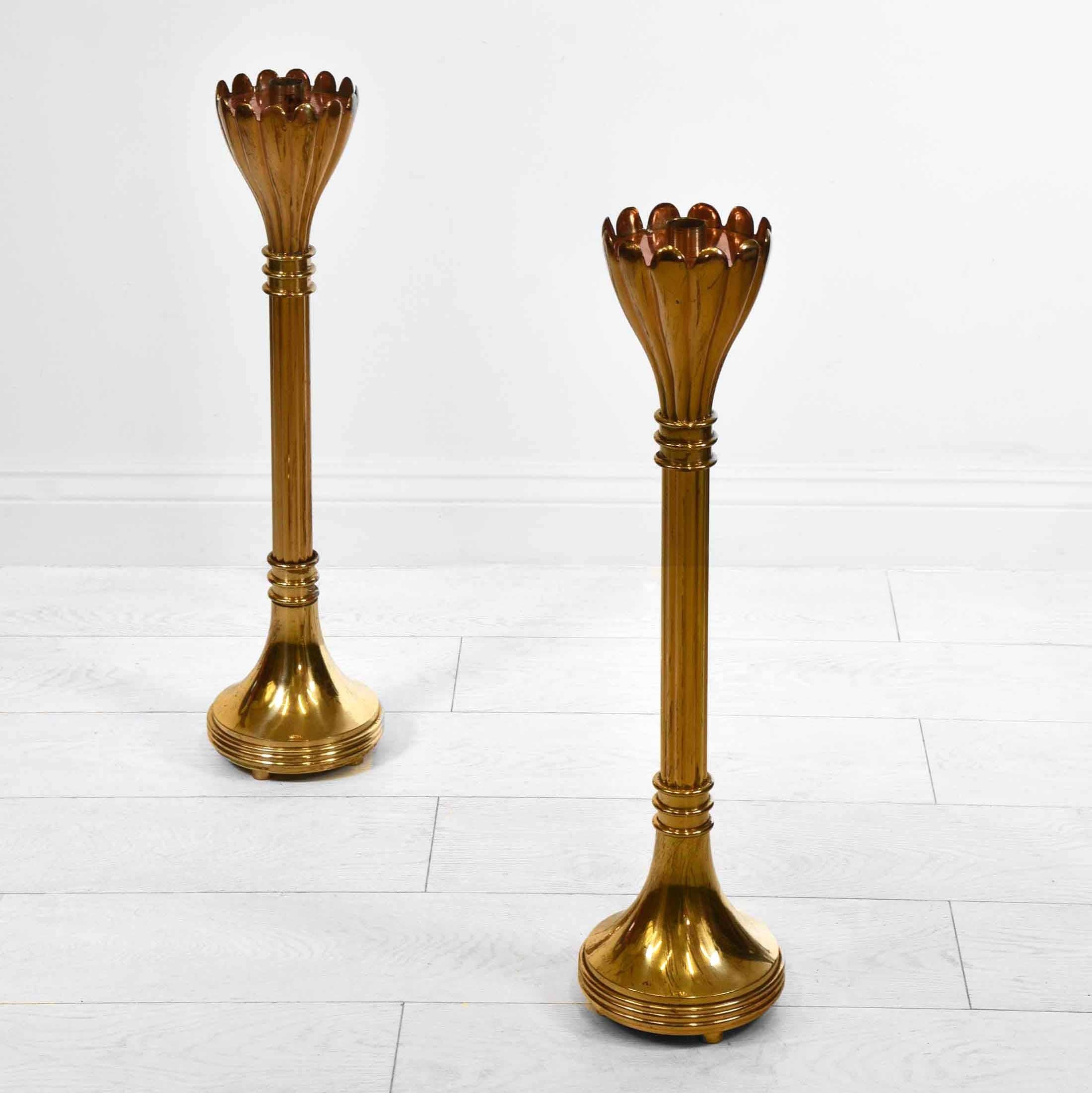 20th Century Pair of Brass & Copper Floor Standing Candle Stands with Flared Scalloped Uppers
