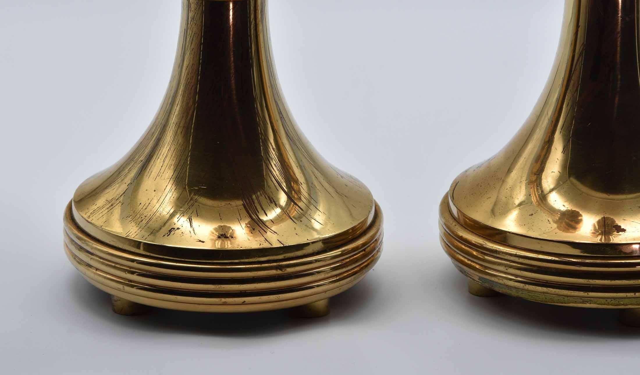 Pair of Brass & Copper Floor Standing Candle Stands with Flared Scalloped Uppers 2