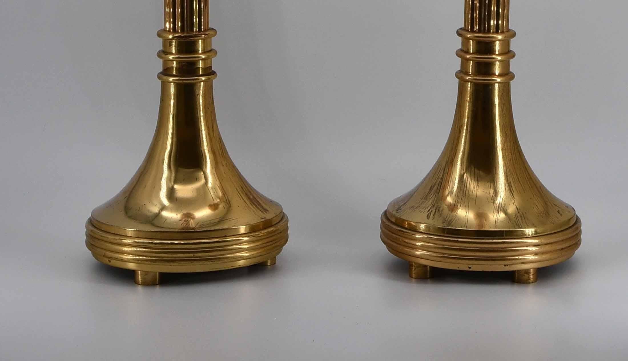 Pair of Brass & Copper Floor Standing Candle Stands with Flared Scalloped Uppers 3