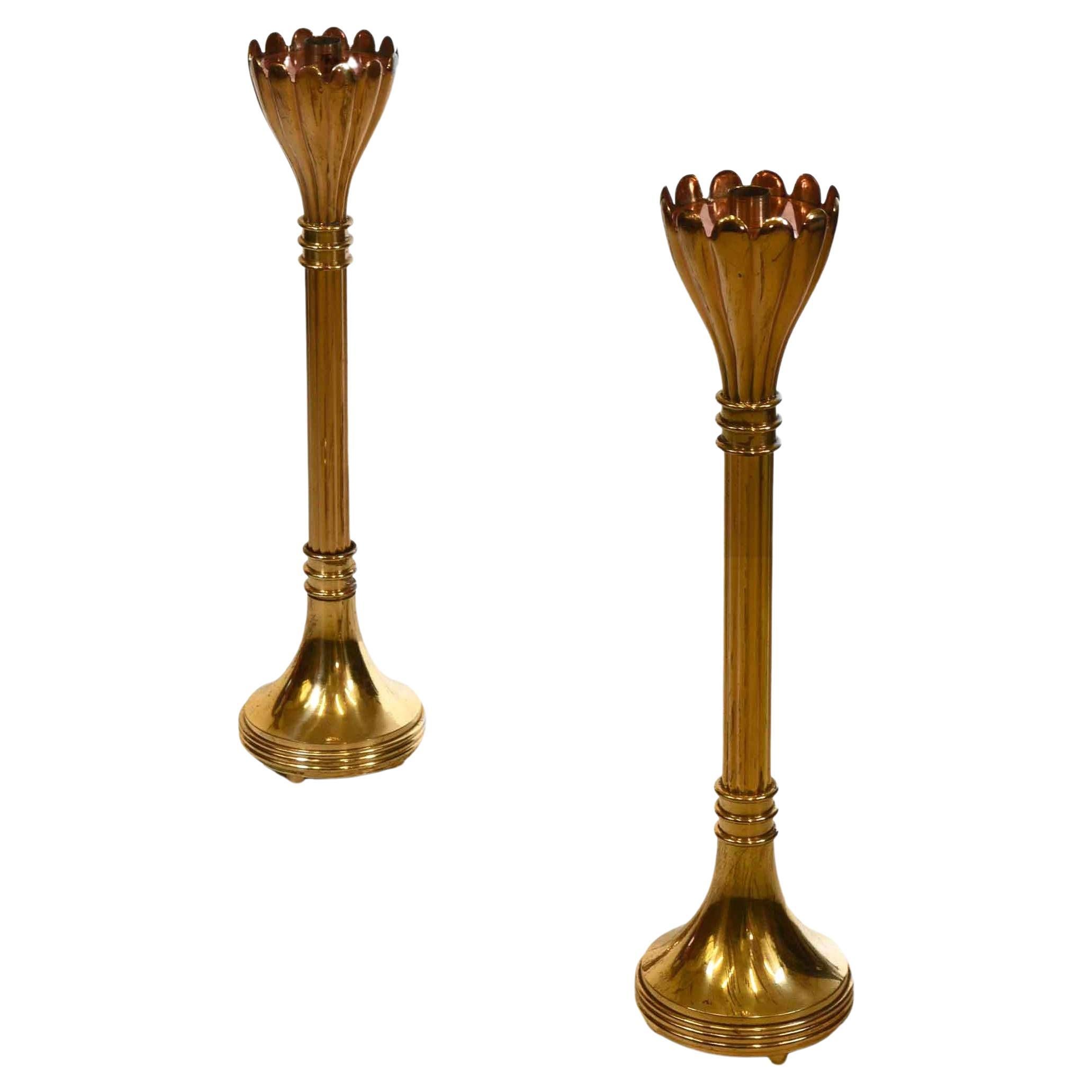 Pair of Brass & Copper Floor Standing Candle Stands with Flared Scalloped Uppers