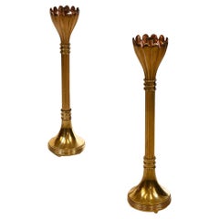 Vintage Pair of Brass & Copper Floor Standing Candle Stands with Flared Scalloped Uppers