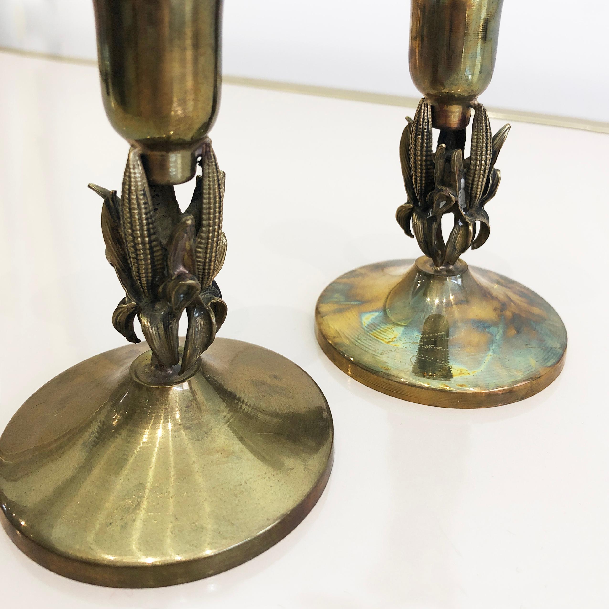 Pair of Brass Corn Candleholders Maison Charles Style Vintage Hollywood Regency  In Good Condition For Sale In London, GB