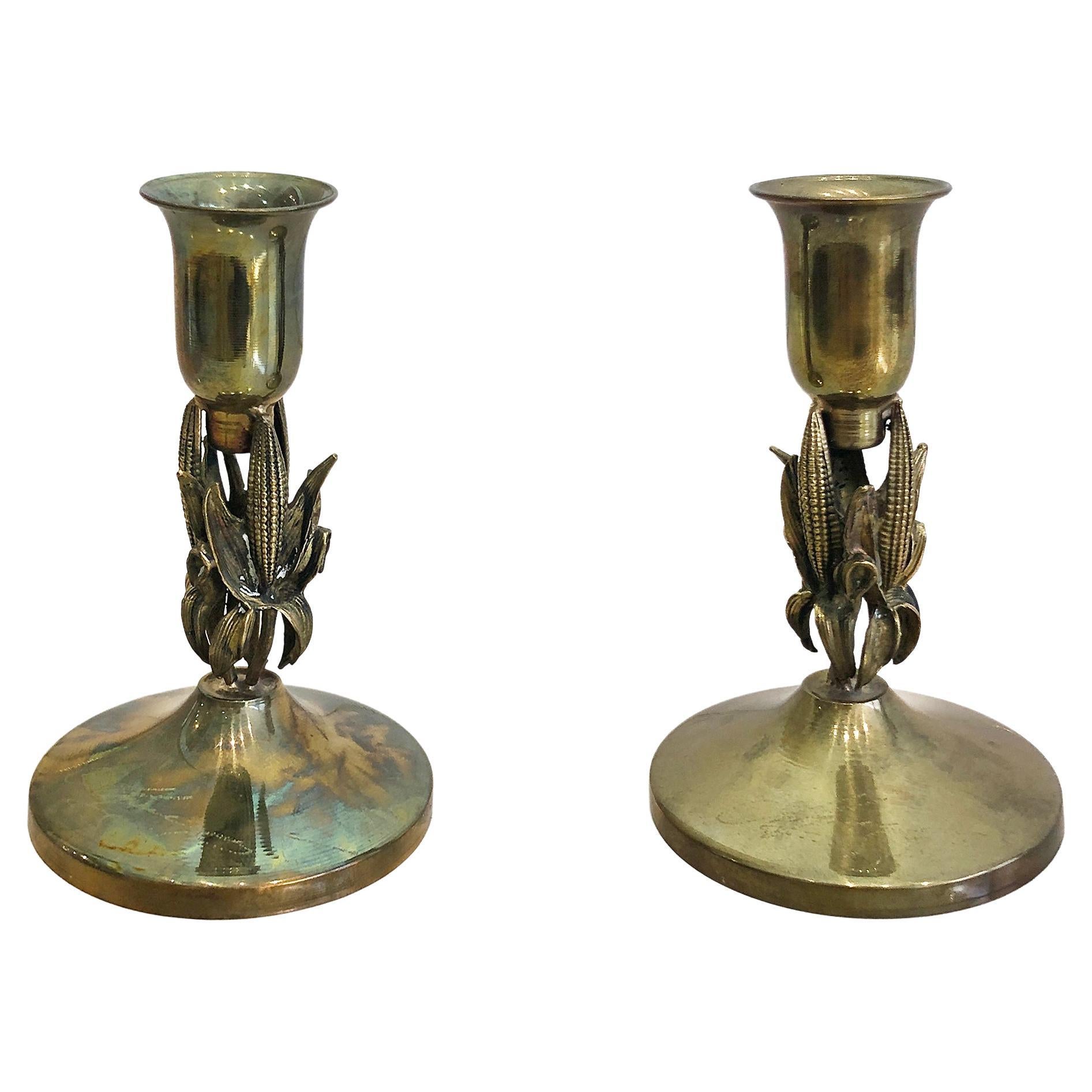 Pair of Brass Corn Candleholders Maison Charles Style Vintage Hollywood Regency  For Sale