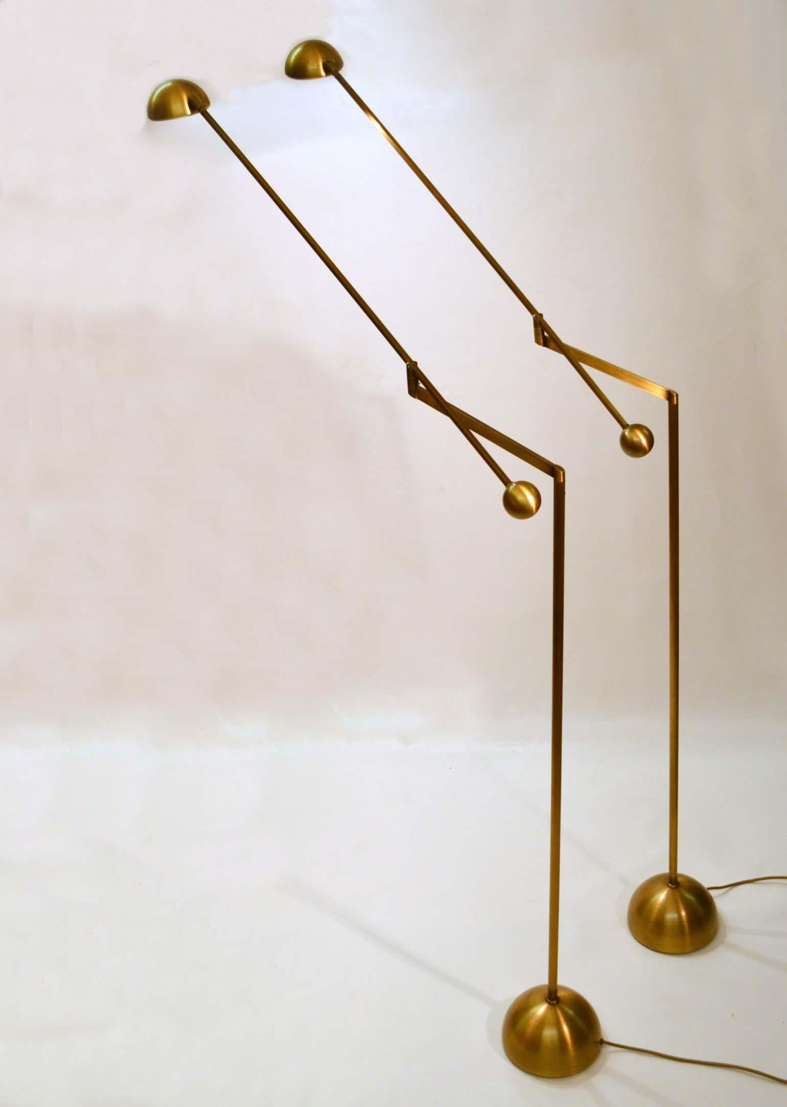 Brushed Pair of Brass Counter Balance Floor Lamps