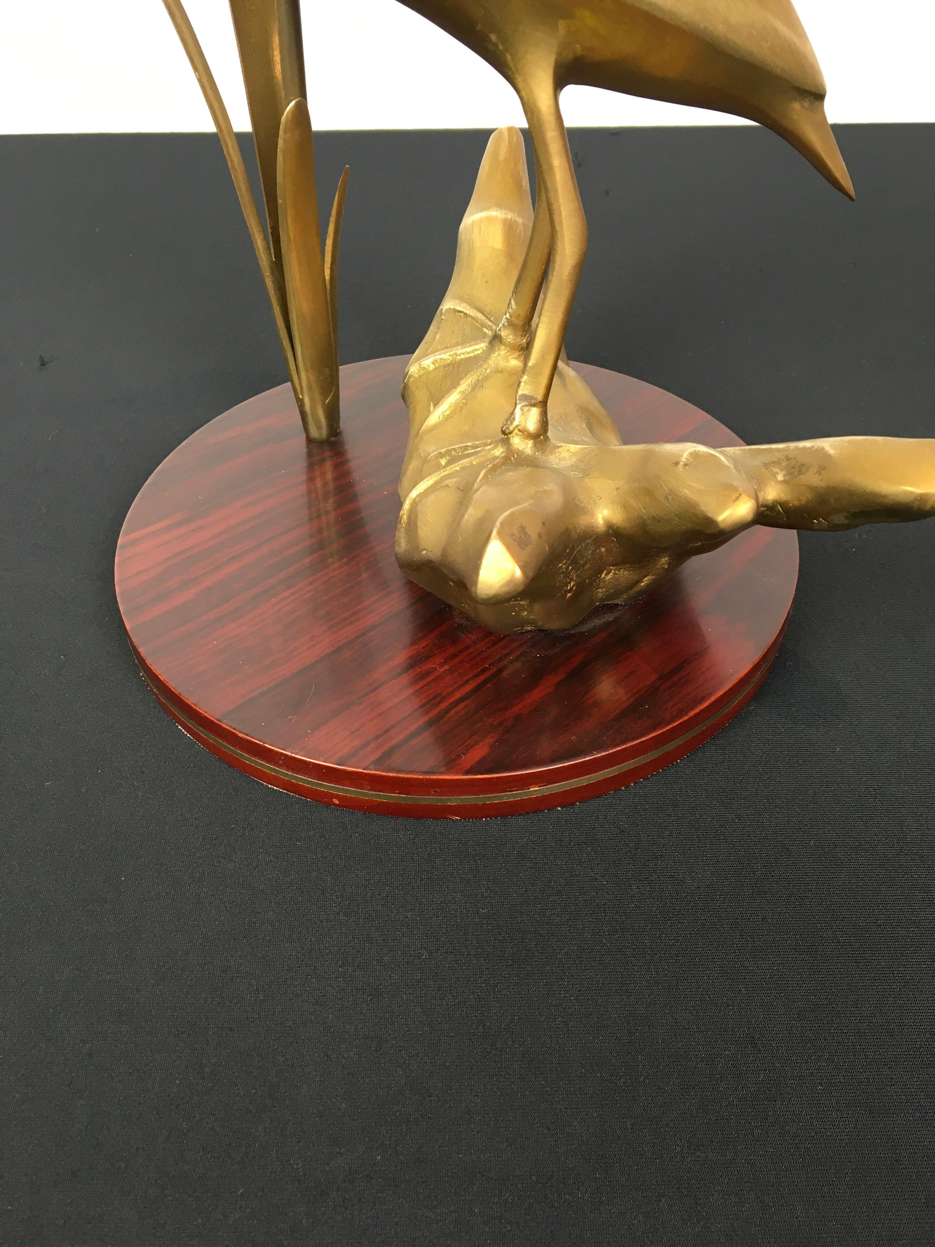 Pair of Brass Cranes Sculptures on Wood For Sale 1
