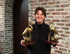 Pair of Brass Cranes Sculptures on Wood