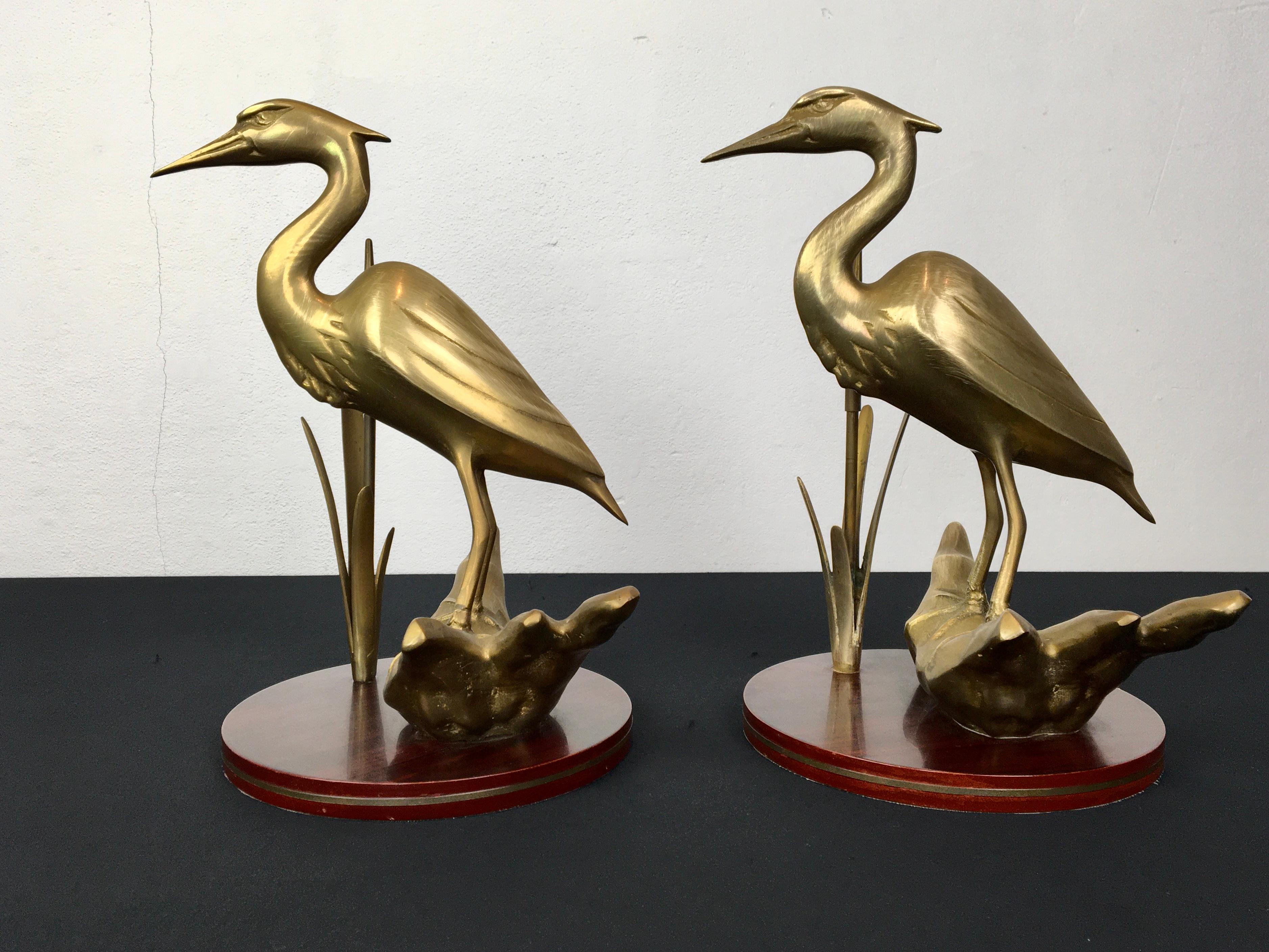 Pair of Brass Cranes Sculptures on Wood For Sale 13