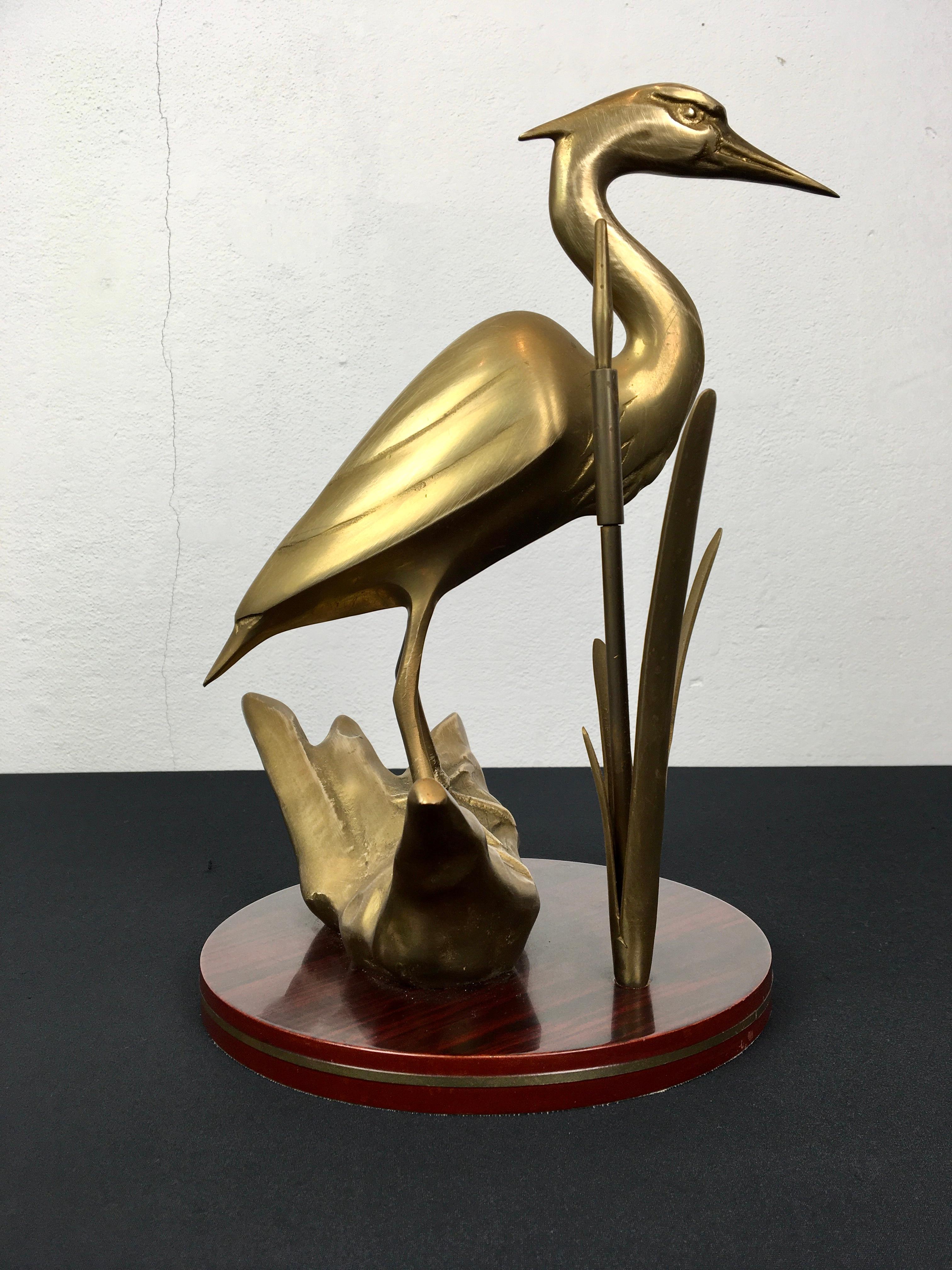 European Pair of Brass Cranes Sculptures on Wood For Sale