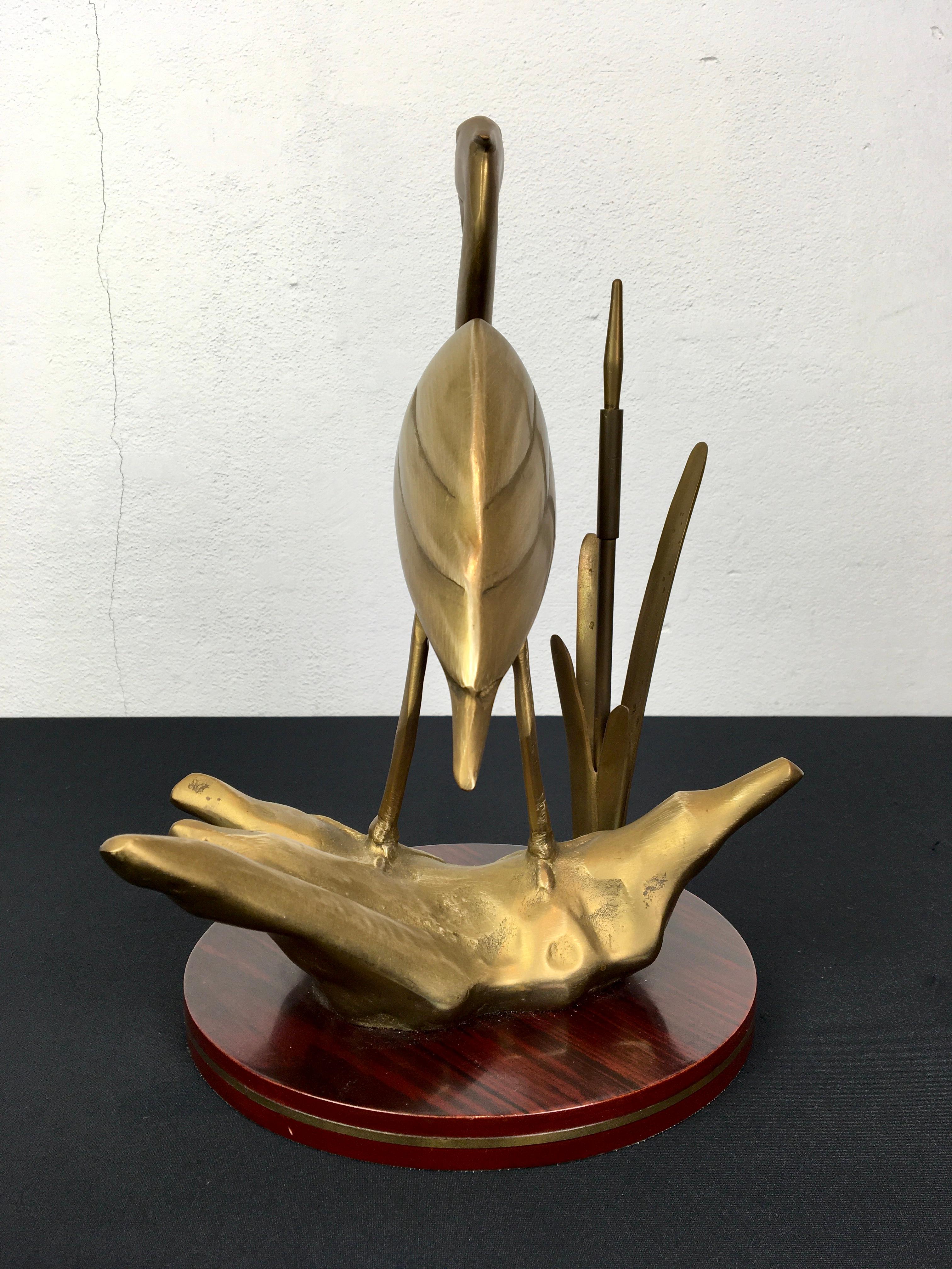 20th Century Pair of Brass Cranes Sculptures on Wood For Sale