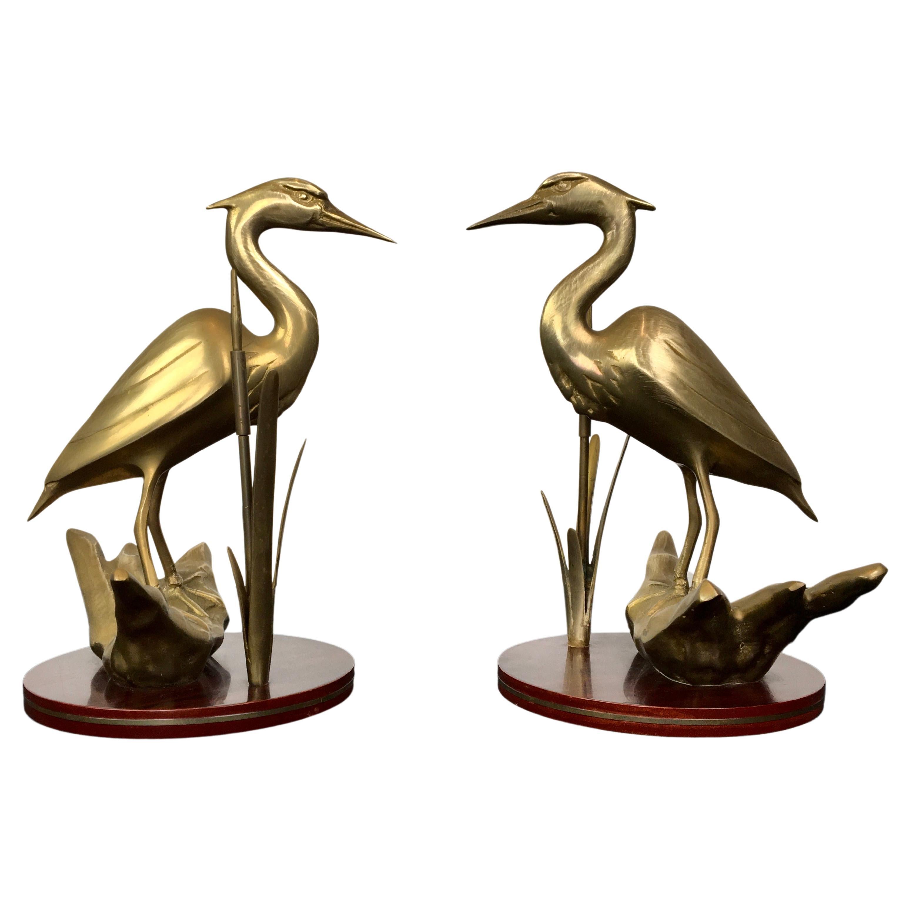 Pair of Brass Cranes Sculptures on Wood For Sale