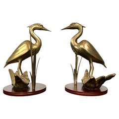 Pair of Brass Cranes Sculptures on Wood