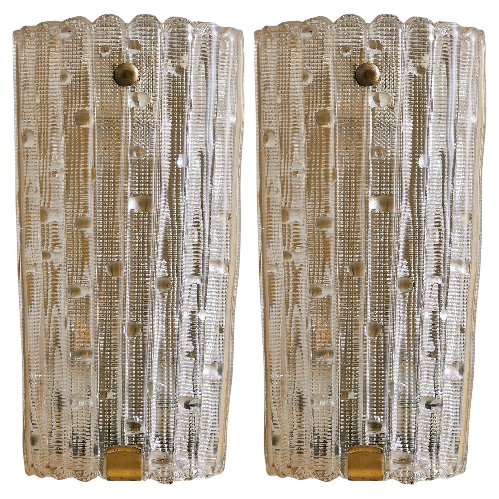 Pair of Brass + Crystal Sconces by Carl Fagerlund for Orrefors, 1950s