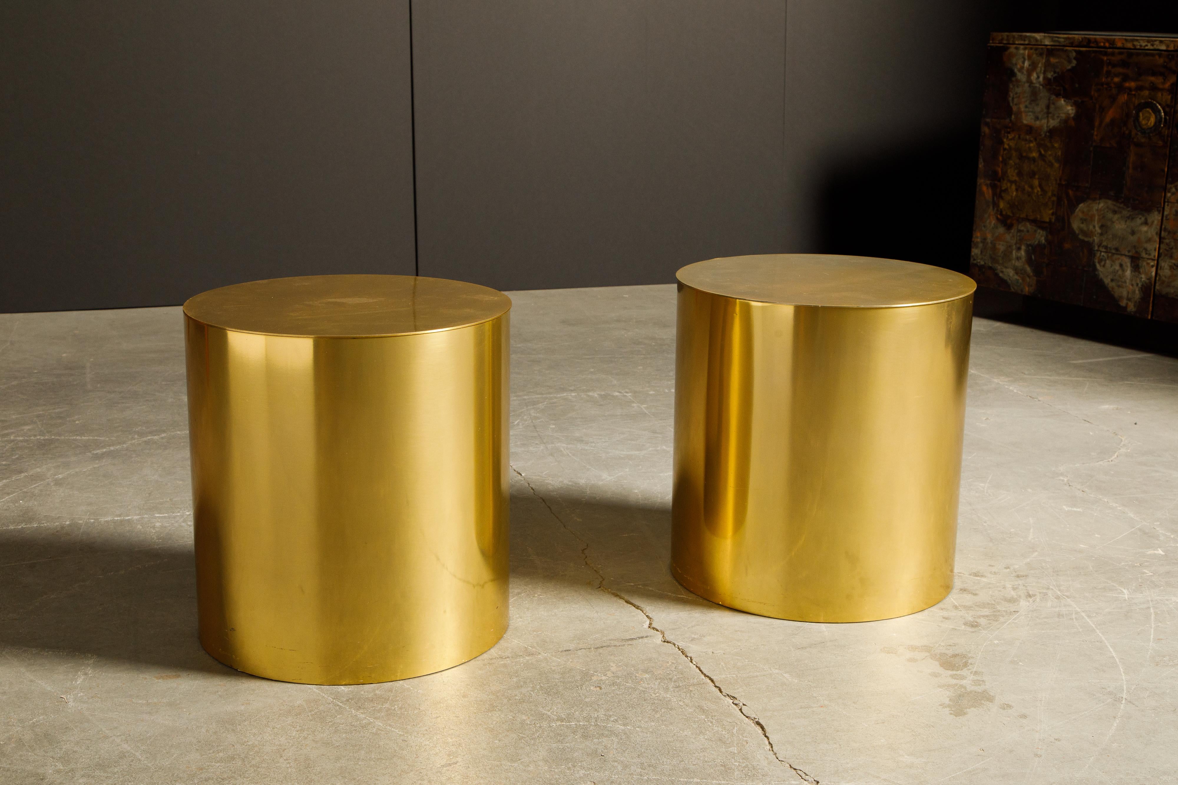 Modern Pair of Brass Cylinder Drum Side Tables, circa 1970s, Made in England