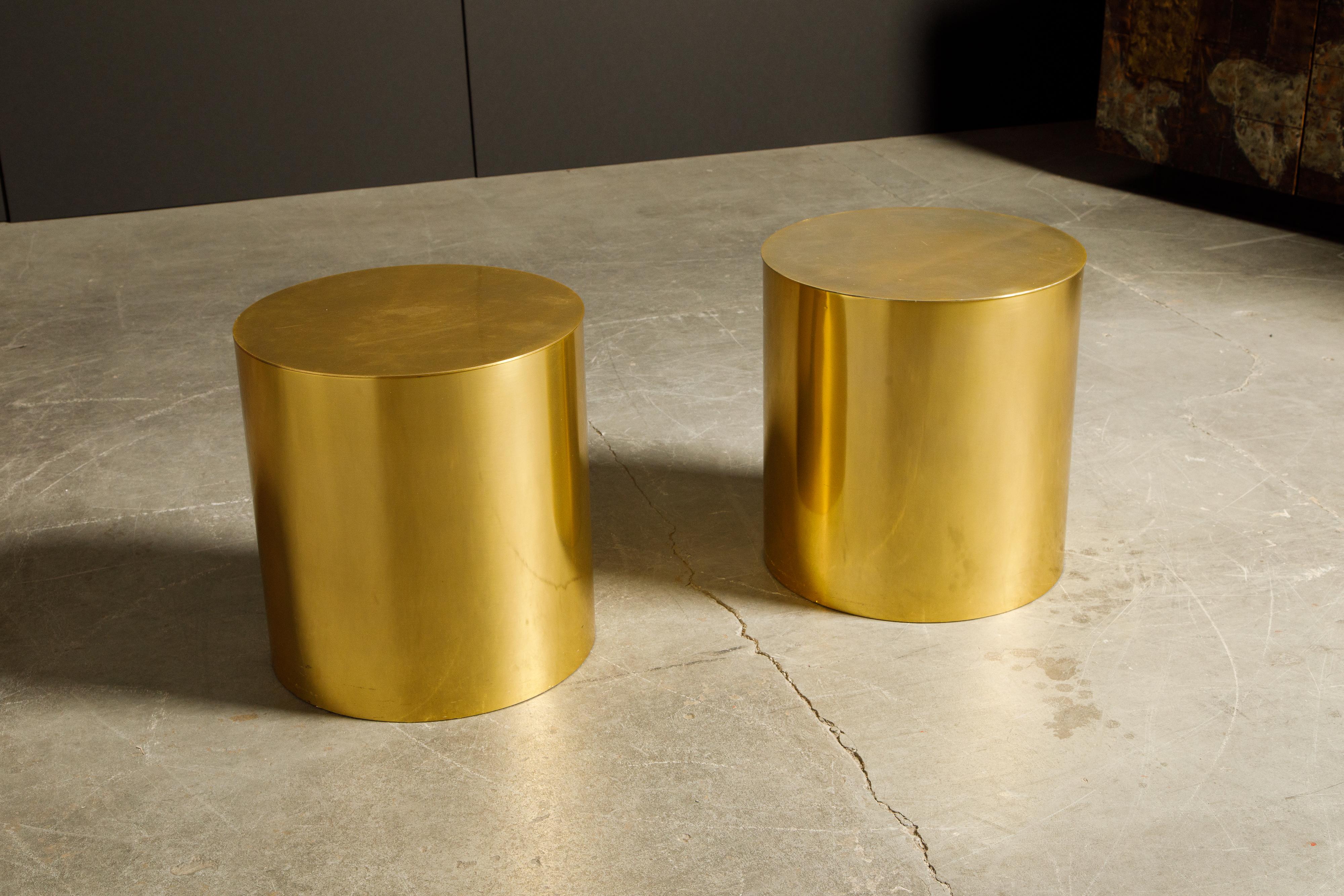 American Pair of Brass Cylinder Drum Side Tables, circa 1970s, Made in England