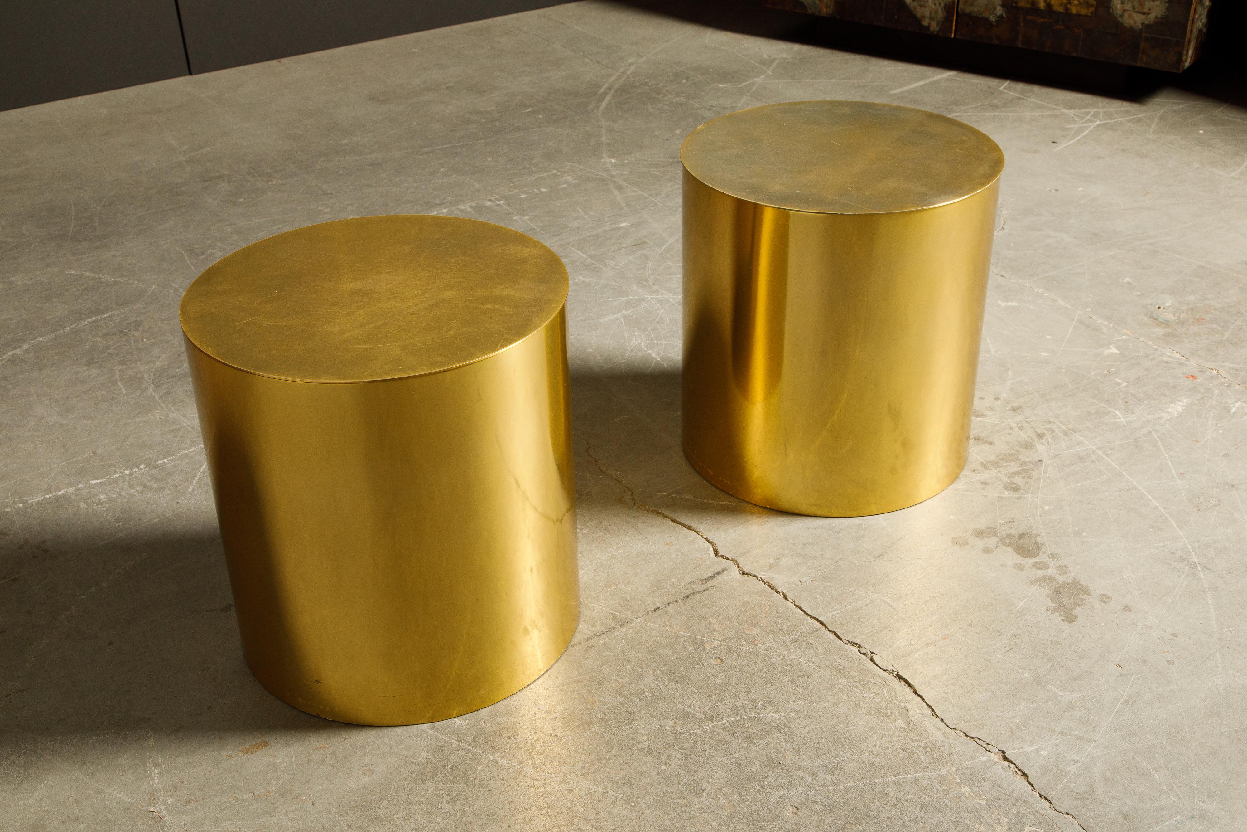 Pair of Brass Cylinder Drum Side Tables, circa 1970s, Made in England In Good Condition In Los Angeles, CA
