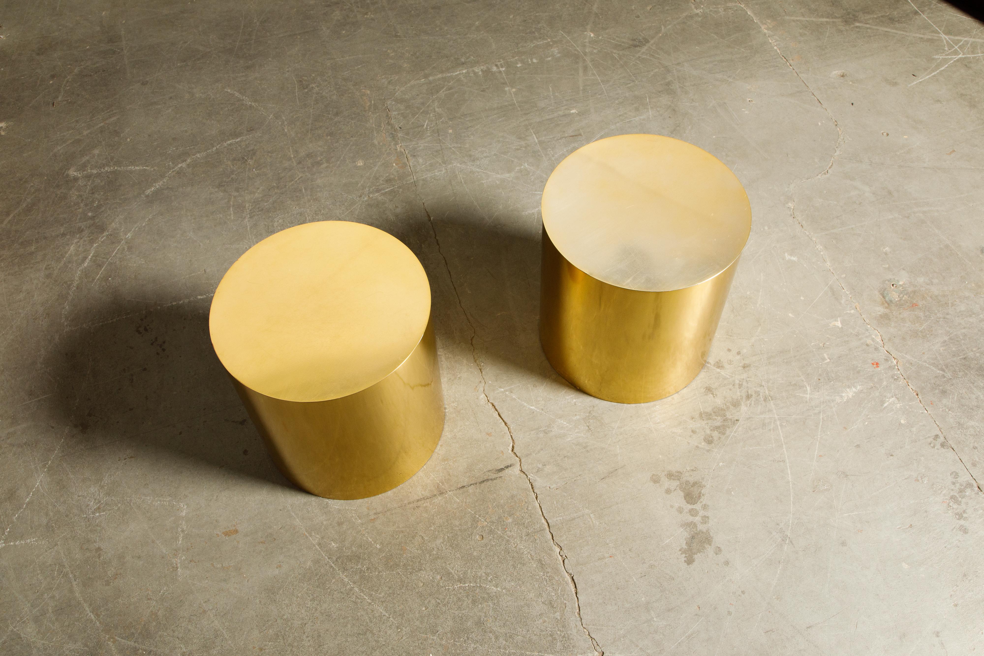Late 20th Century Pair of Brass Cylinder Drum Side Tables, circa 1970s, Made in England