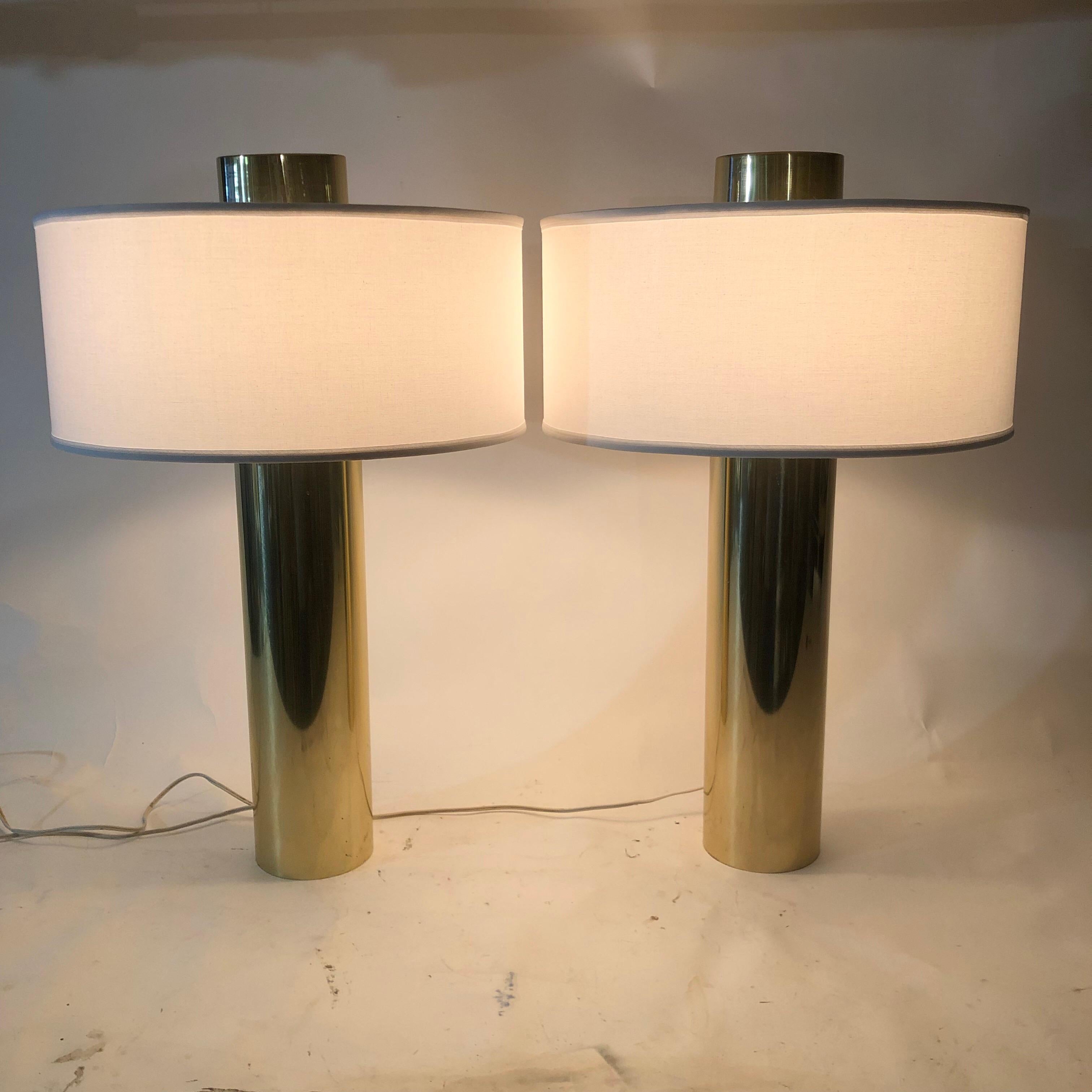 Pair of Brass Cylinder Table Lamps 2