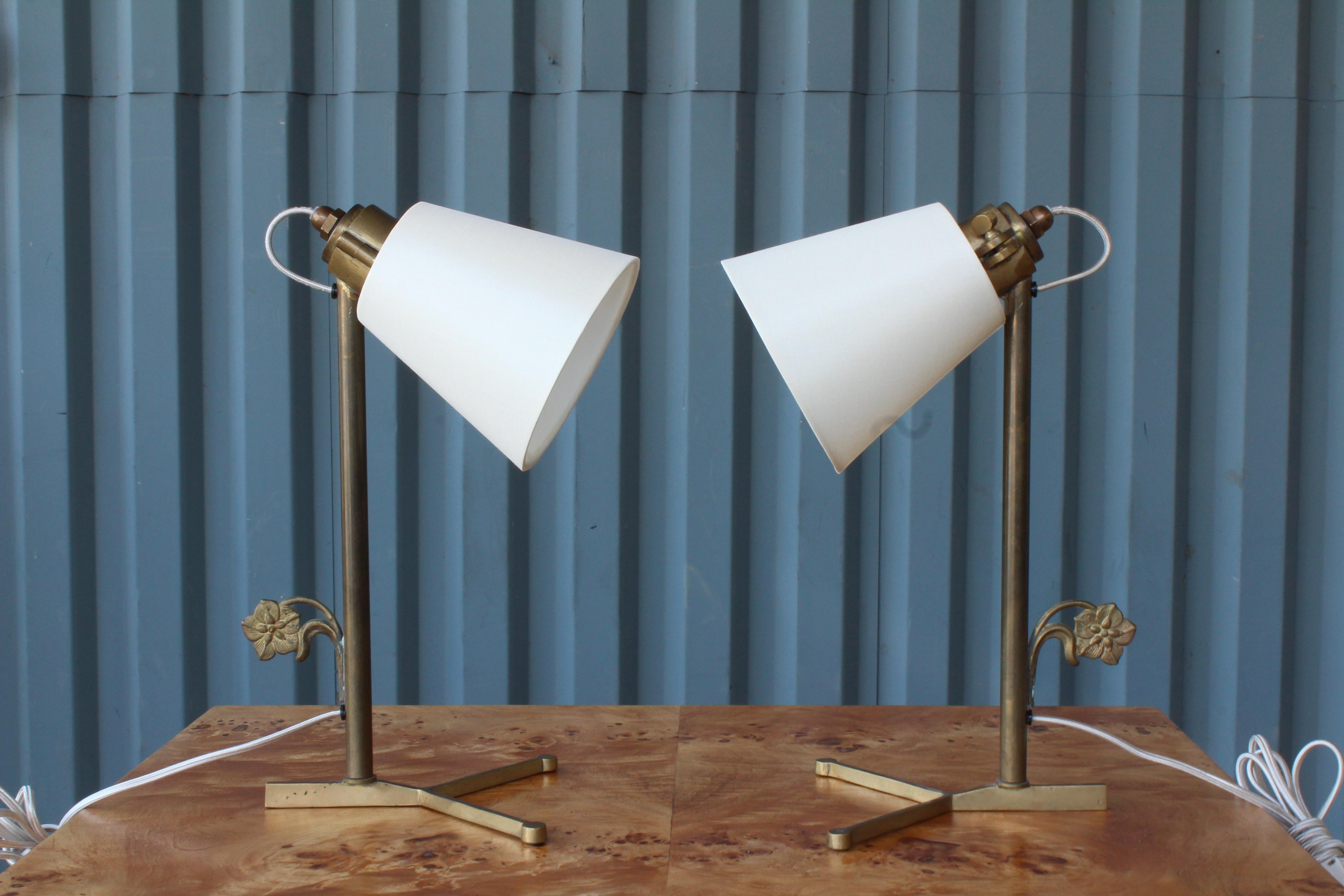 Mid-Century Modern Pair of Brass Desk Lamps with Silk Shades, France, 1950s
