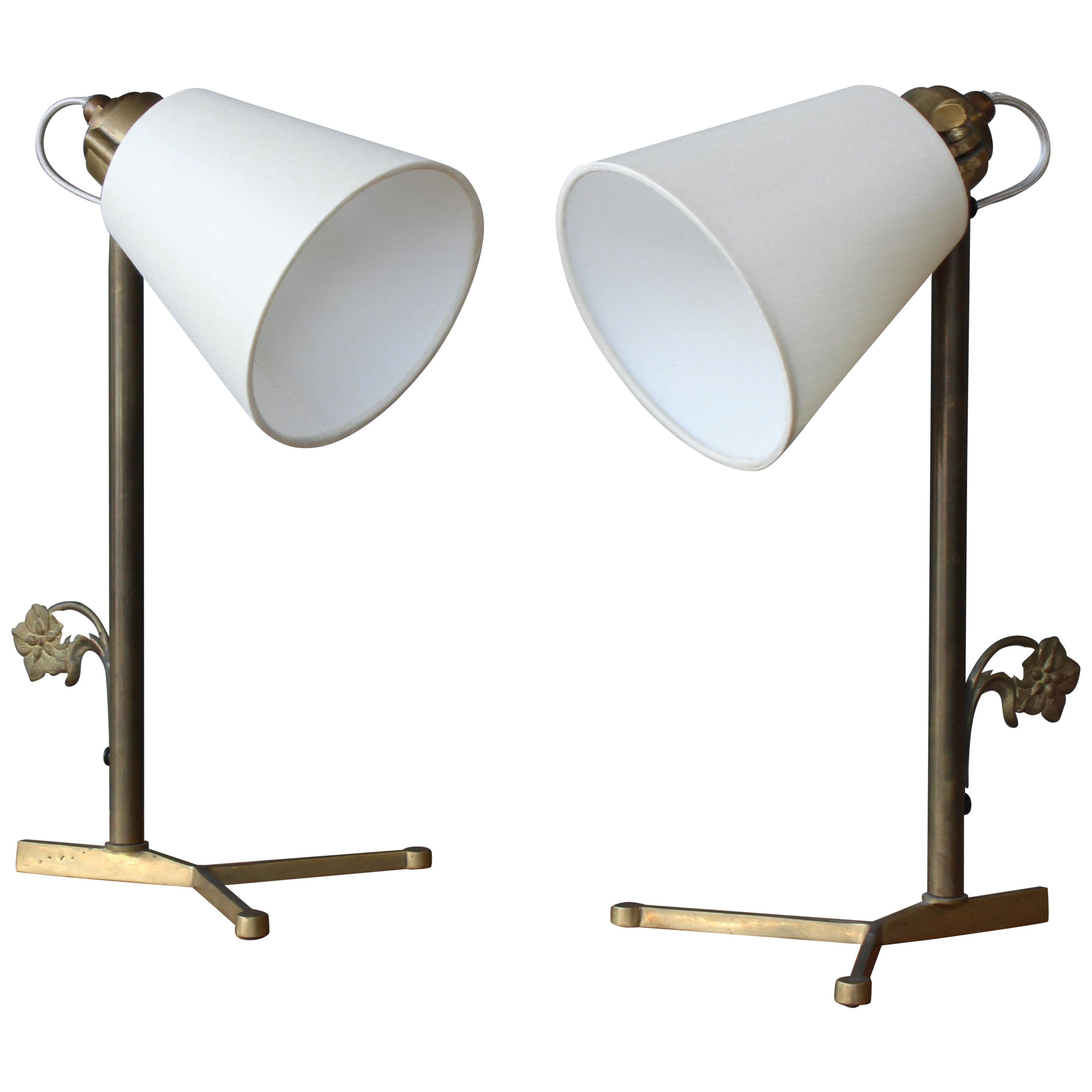 Pair of Brass Desk Lamps with Silk Shades, France, 1950s