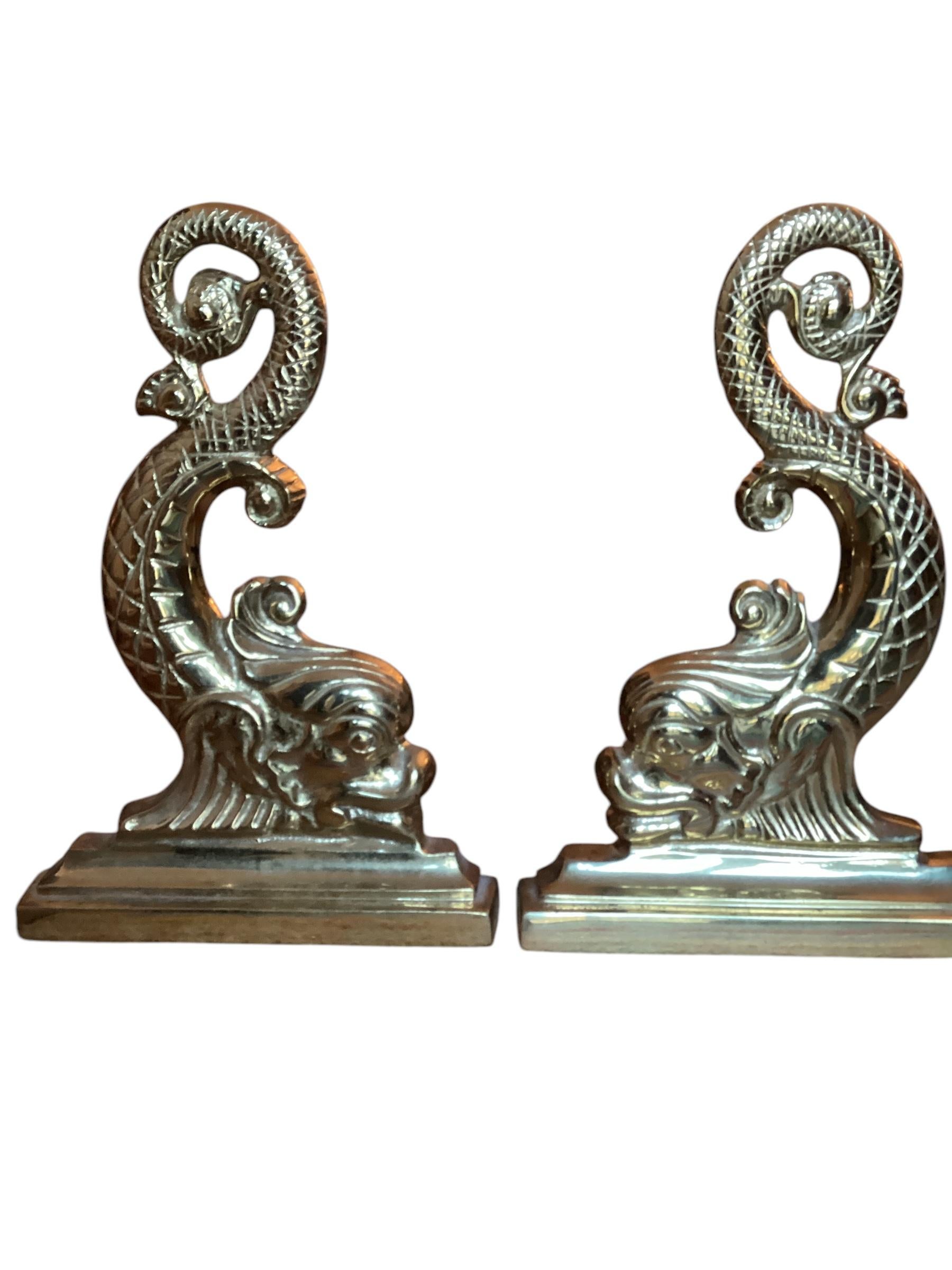 American Pair of Brass Dolphin Andirons by Virginia Metalcrafters
