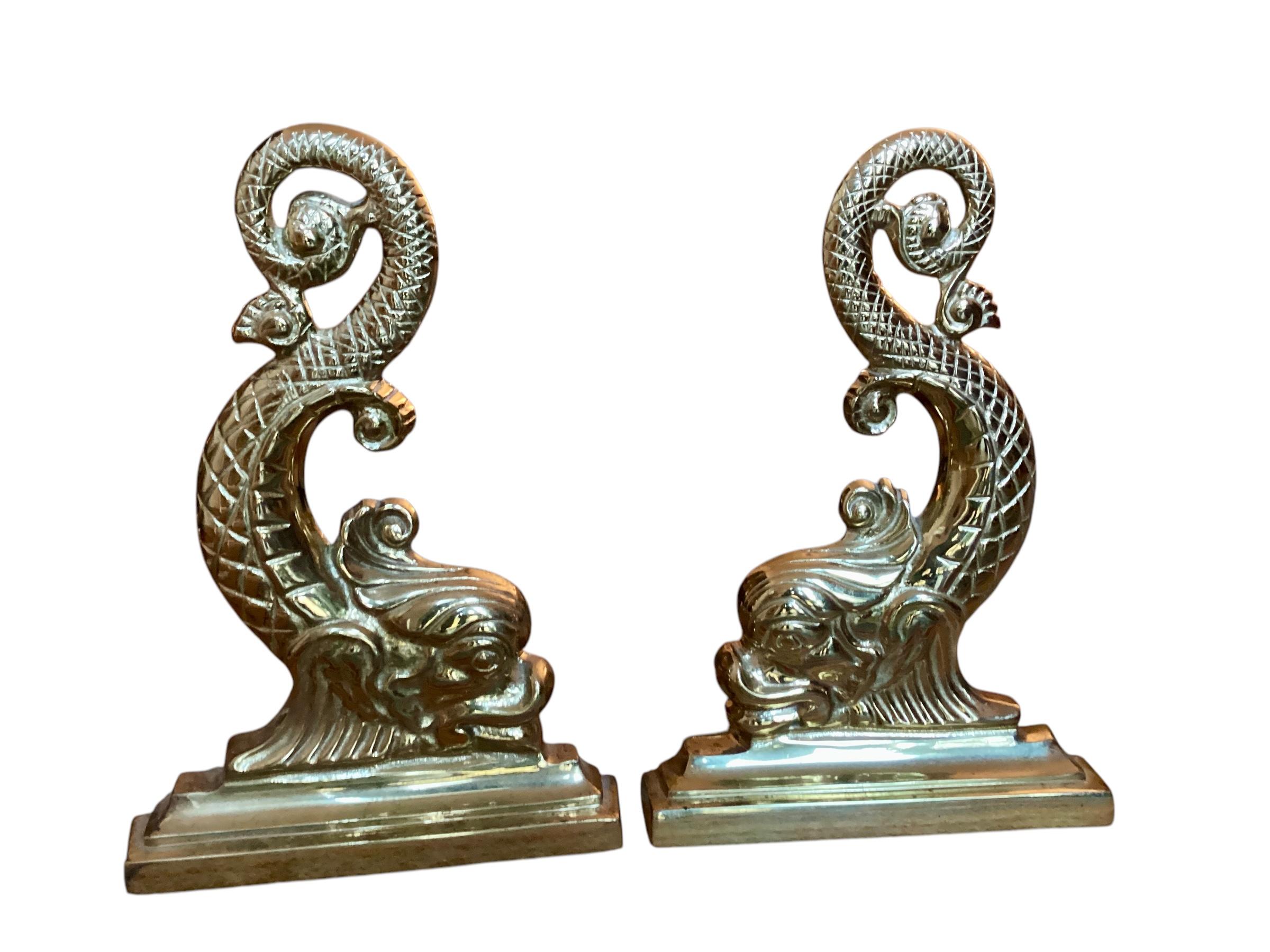 Pair of Brass Dolphin Andirons by Virginia Metalcrafters 4