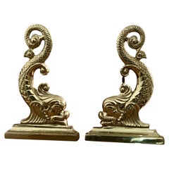 Pair of Brass Dolphin Andirons by Virginia Metalcrafters