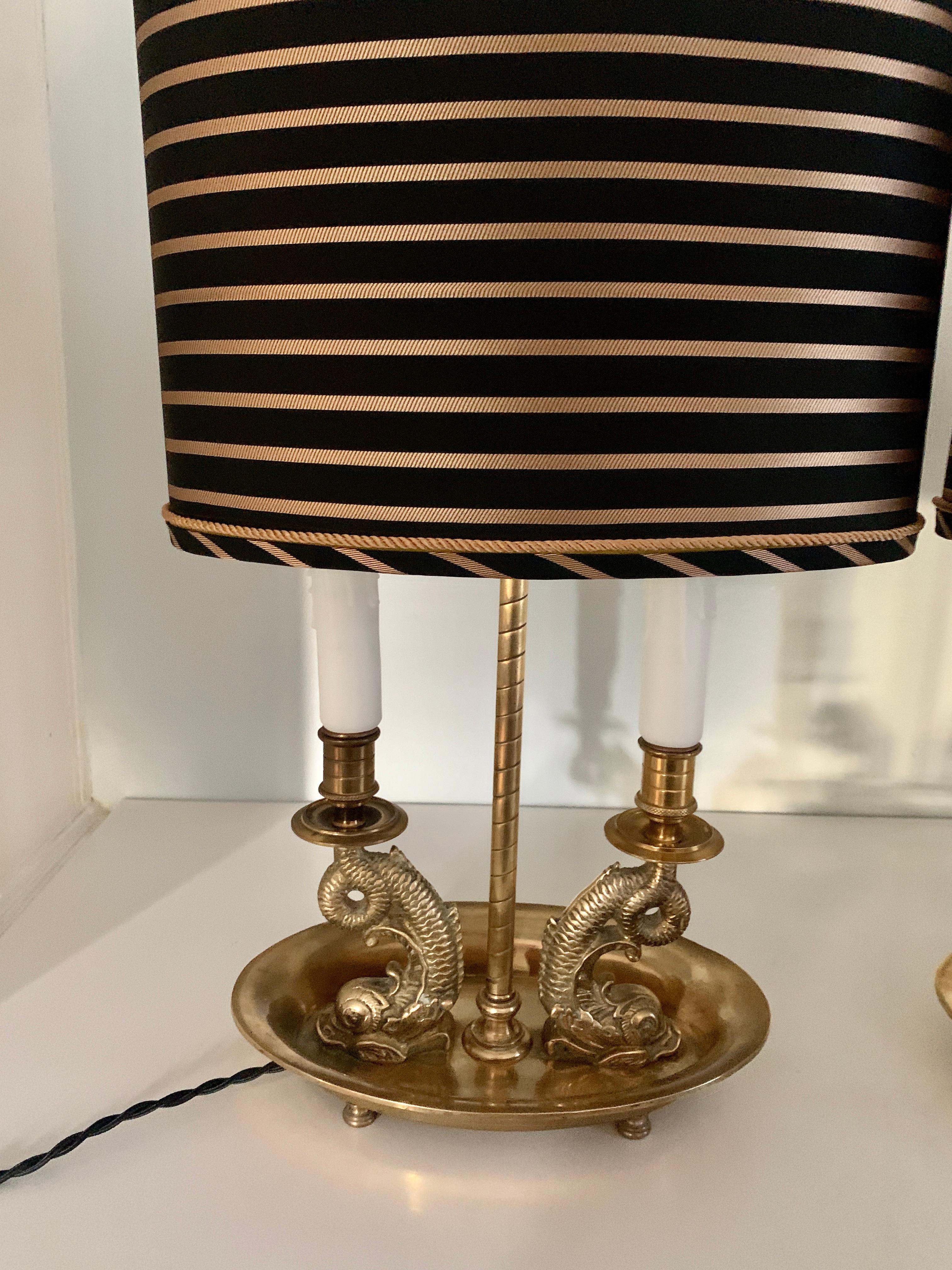 Pair Dolphin Bouillotte Lamps in Solid Brass with Custom Silk Shades For Sale 4