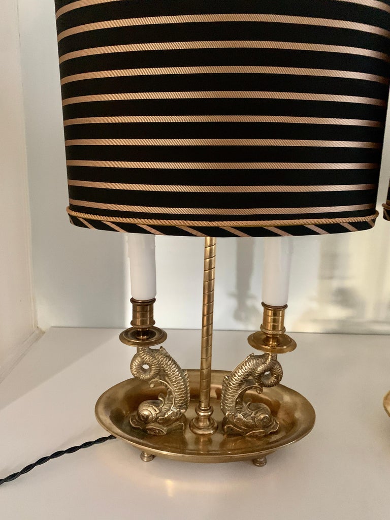 Pair of Brass Dolphin Bouillotte Lamps with Custom Silk Shades For Sale 5