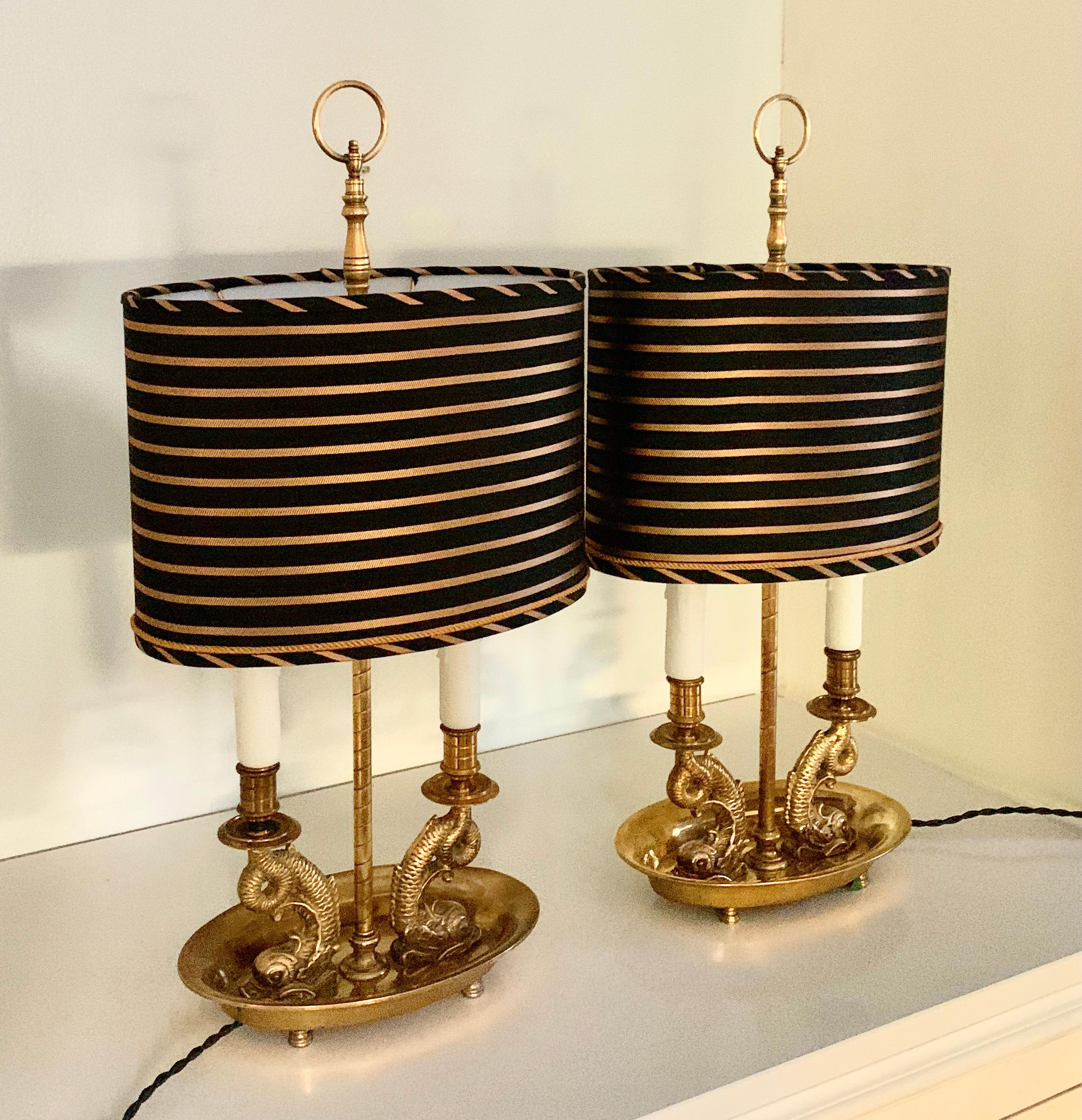 Pair Dolphin Bouillotte Lamps in Solid Brass with Custom Silk Shades For Sale 5