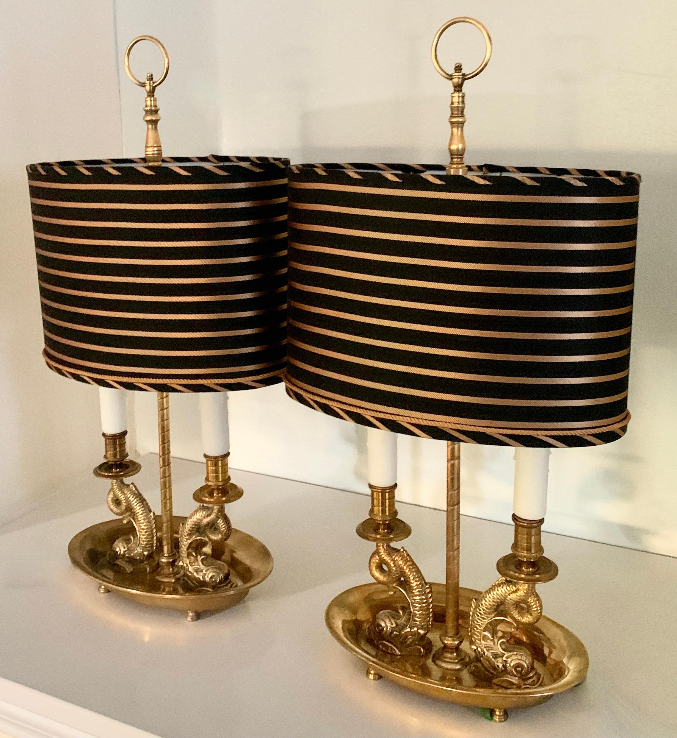 Pair Dolphin Bouillotte Lamps in Solid Brass with Custom Silk Shades For Sale 6