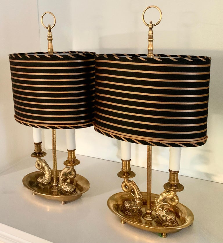 Pair of Brass Dolphin Bouillotte Lamps with Custom Silk Shades For Sale 7