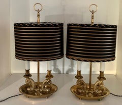 Pair Dolphin Bouillotte Lamps in Solid Brass with Custom Silk Shades