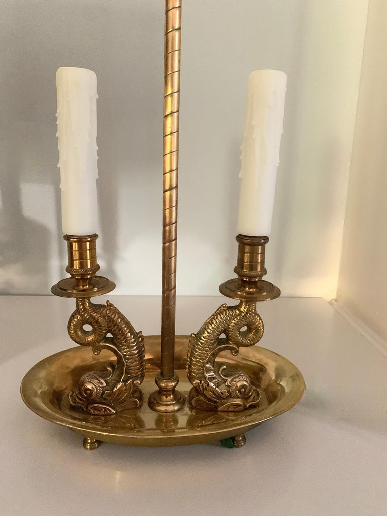 French Pair of Brass Dolphin Bouillotte Lamps with Custom Silk Shades For Sale