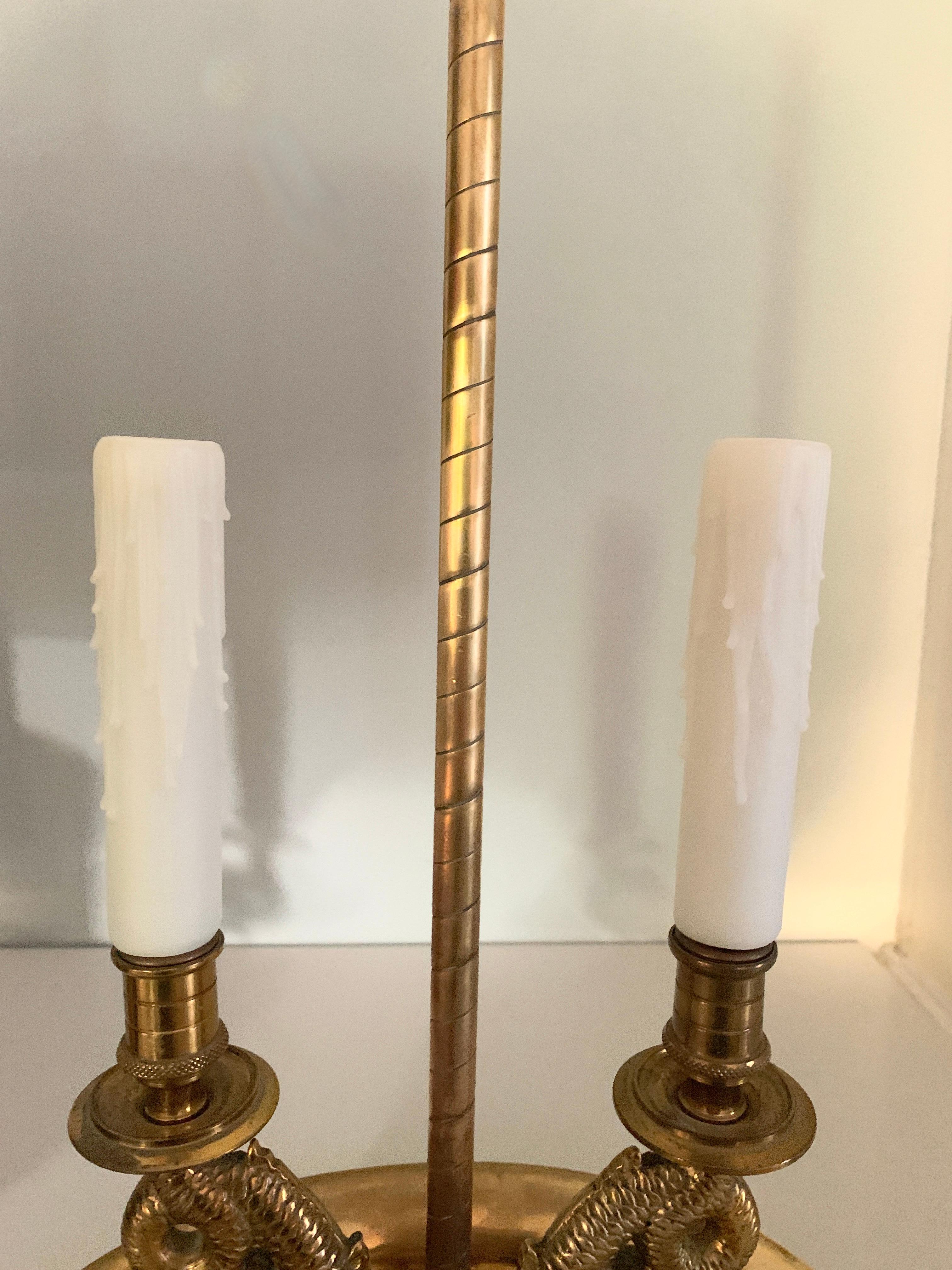 Pair Dolphin Bouillotte Lamps in Solid Brass with Custom Silk Shades In Good Condition For Sale In Los Angeles, CA