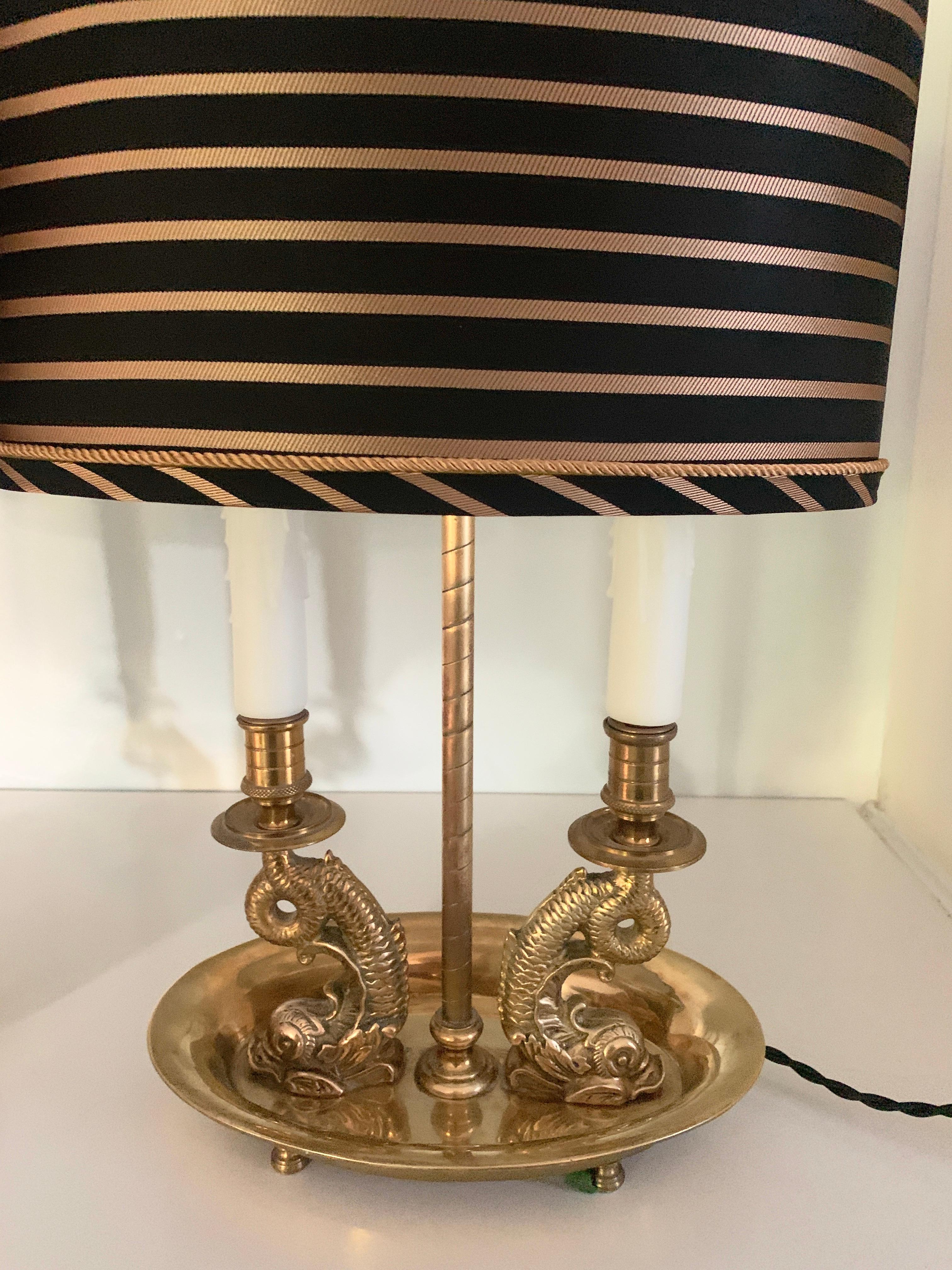 Pair Dolphin Bouillotte Lamps in Solid Brass with Custom Silk Shades For Sale 1