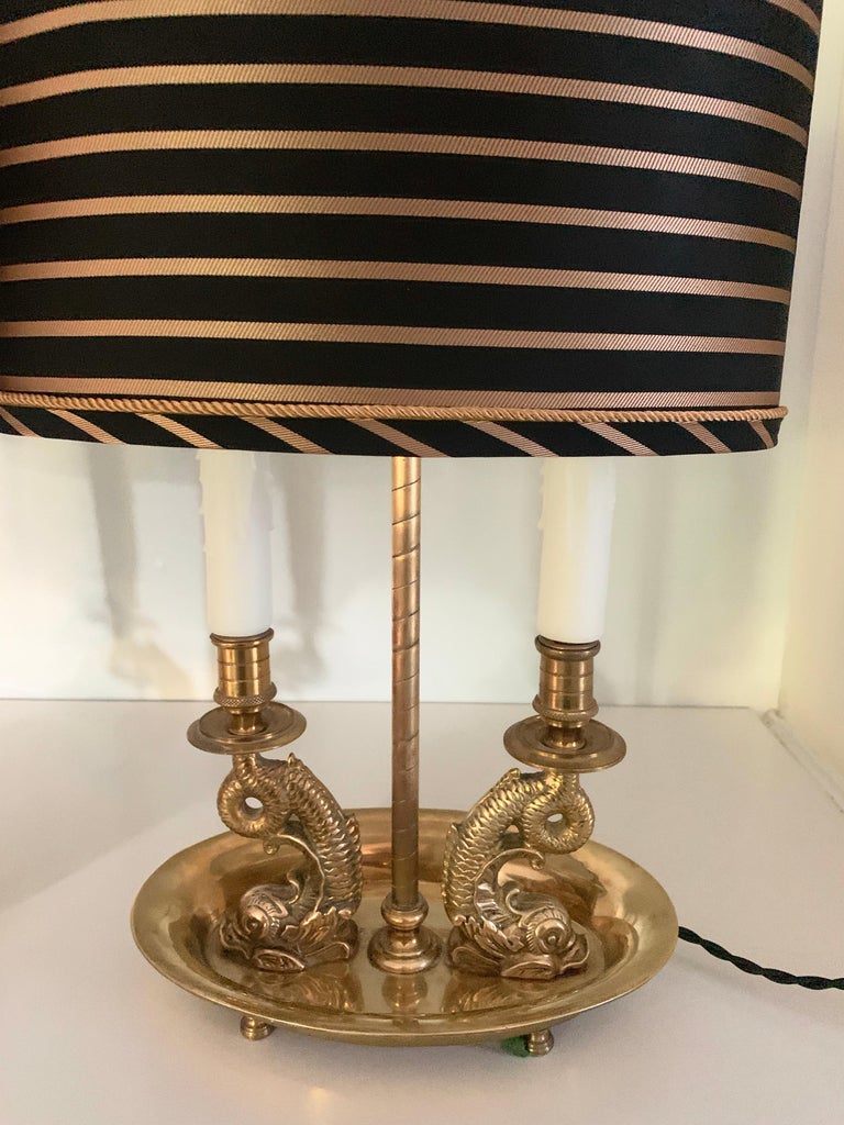 Pair of Brass Dolphin Bouillotte Lamps with Custom Silk Shades For Sale 2
