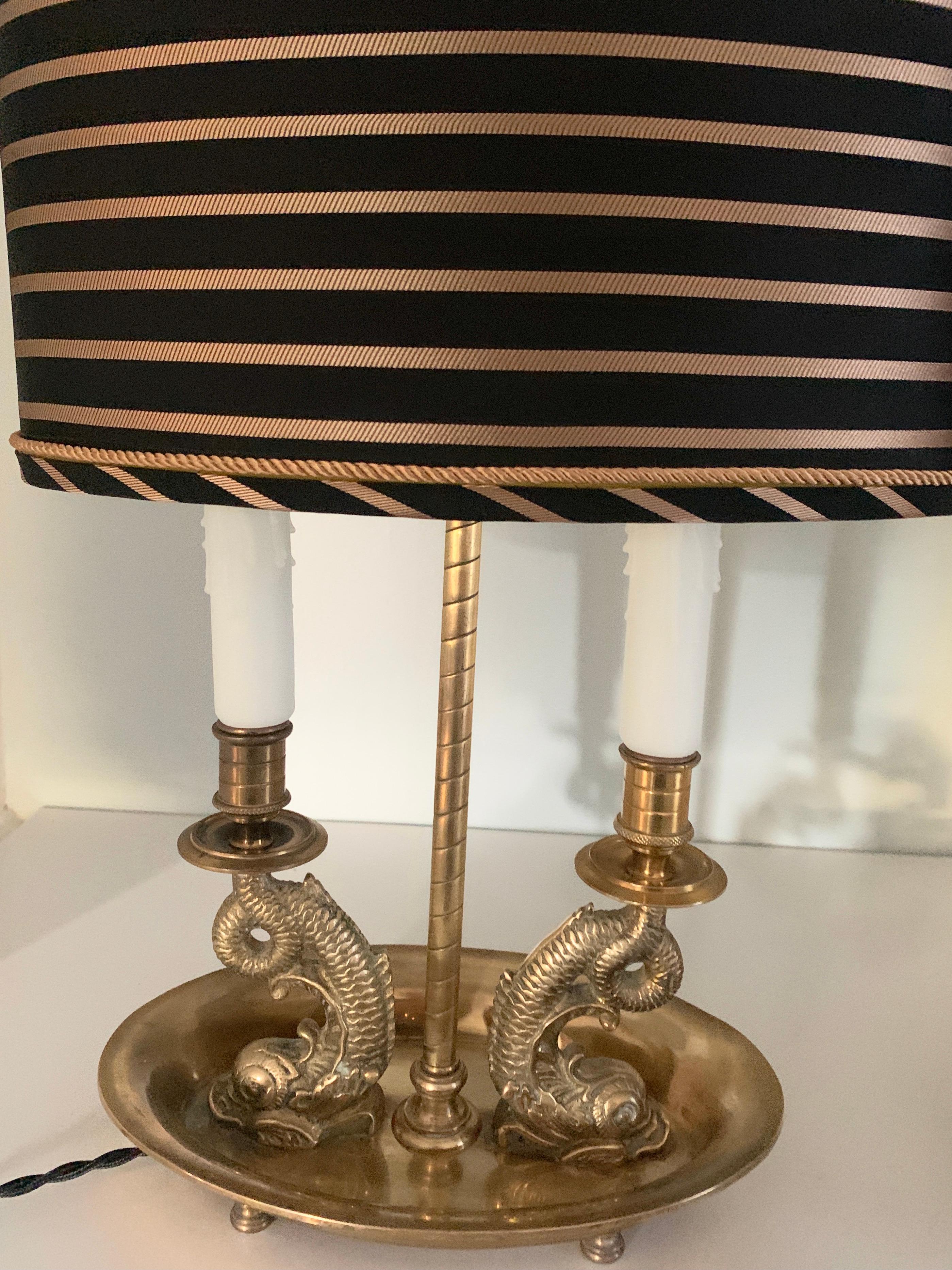 Pair Dolphin Bouillotte Lamps in Solid Brass with Custom Silk Shades For Sale 2